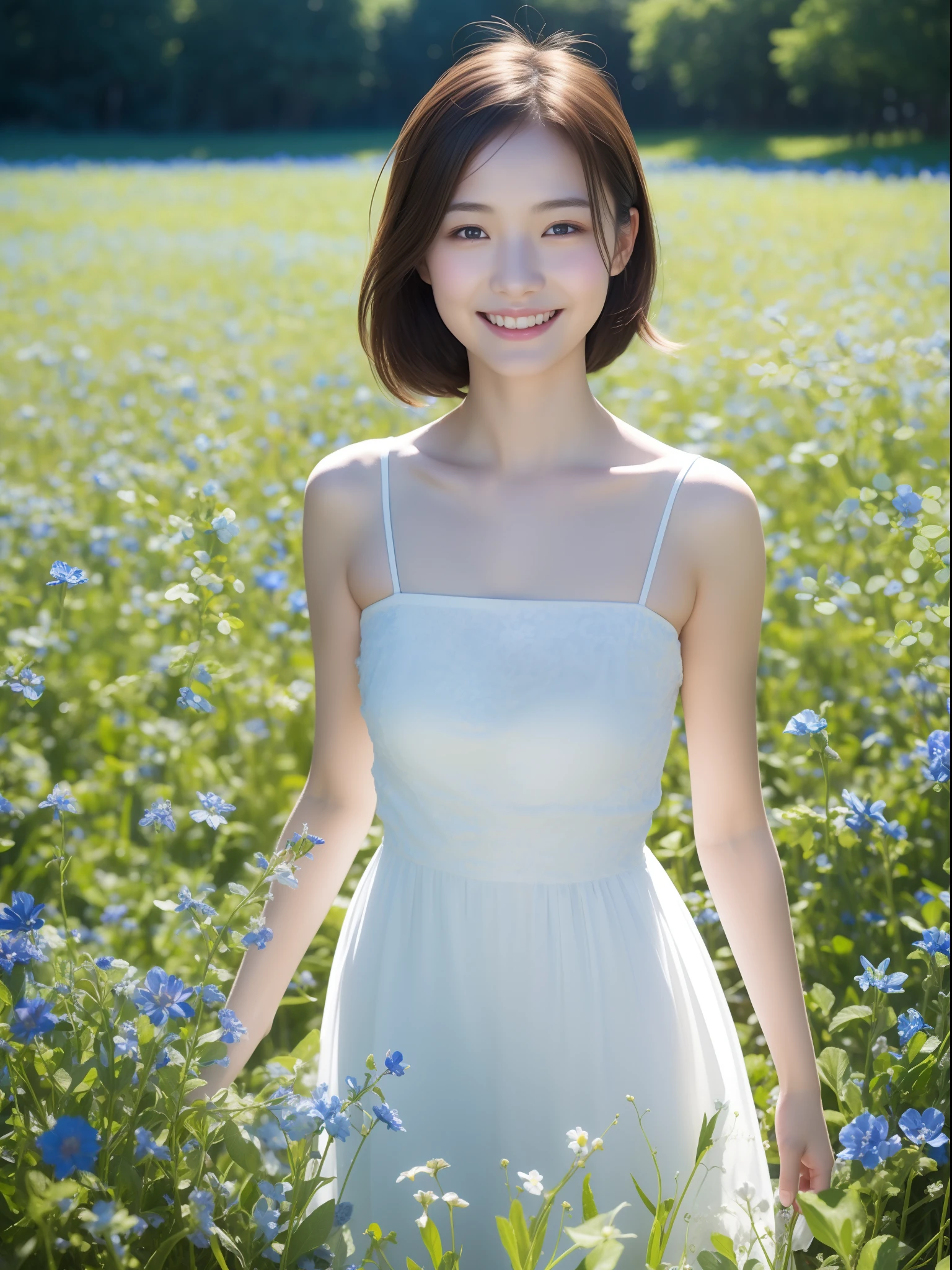 Best quality, Masterpiece, 超高分辨率, (Photorealistic:1.4), RAW photo, 1girll, White dress, cropped shoulders, blue flower field, Glowing skin, Light smile