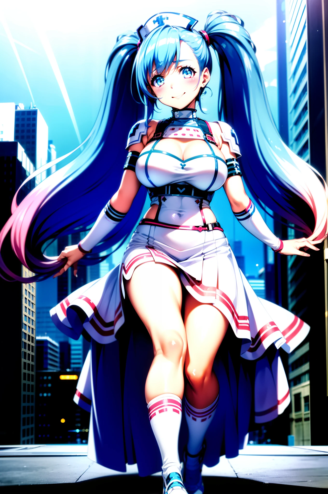 ((highest quality)), ((masterpiece)), (get used to it), perfect face, Japanese with shoulder-length black hair、Breasts are F cup、outstanding style、28 year old female。she、Gungnir from Senki Zesshou Symphogear、tachibana Wearing Hibiki's armor。 A side kick with great posture。The background is、city of the near future、Tokyo。night