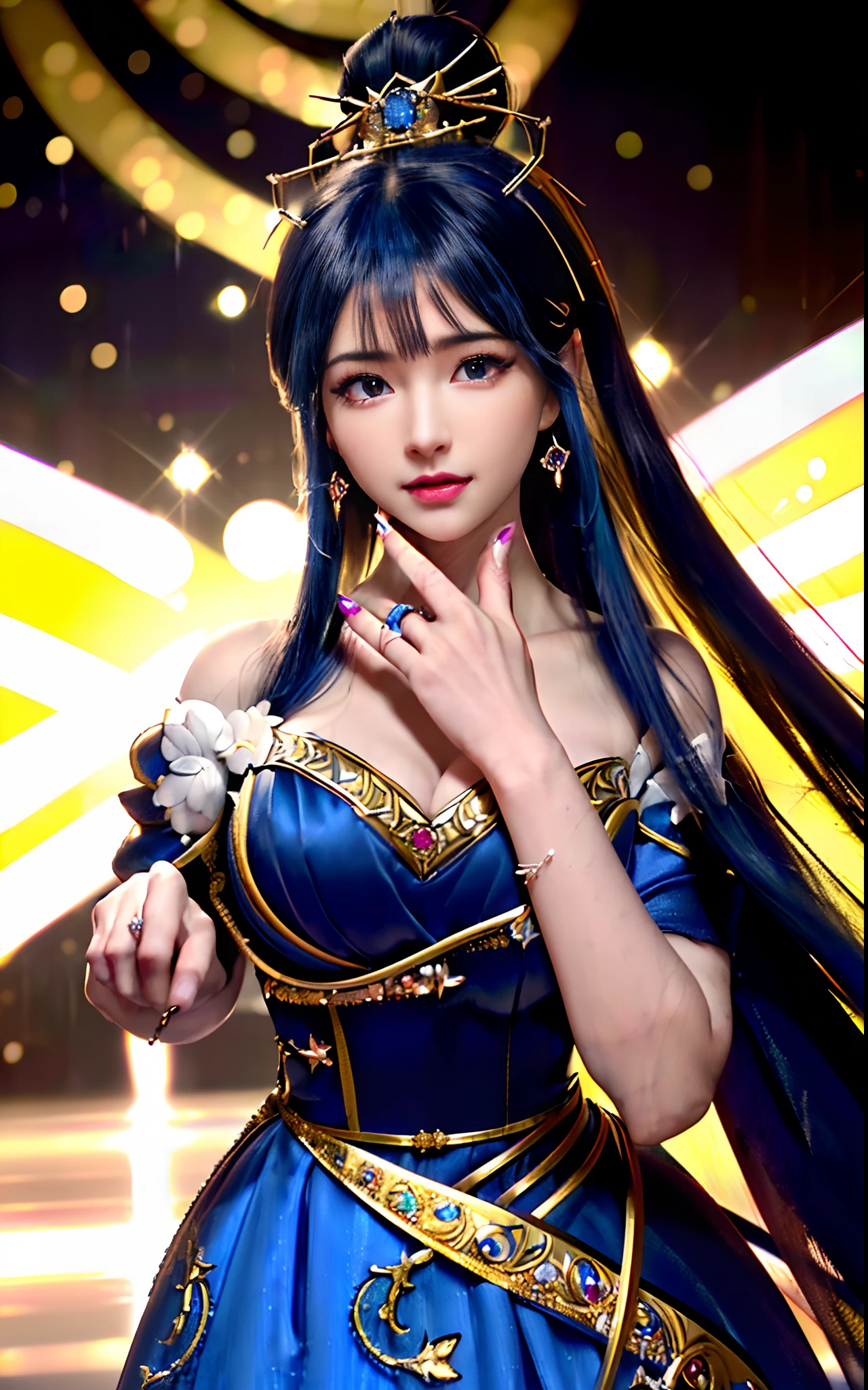 ((realisticity: 1.2)), ((realistic: 8K UHD)), ((best resolution: 8K UHD)), hyper detailed, best quality,masterpiece,highres,cg, ((1 girl hyper detailed and hyper realistic) ) , ((beautiful queen, hyper realistic and hyper detailed)),((white skin, beautiful, smooth, youthful, hyper realistic and hyper detailed )), ((Face hyper beautiful, white, hyper realistic and hyper detailed ) ), long hair, ((hyper realistic and hyper detailed dress)), solo, ((hyper realistic, hyper beautiful, beautiful and hyper detailed jewelry)), ((hyper beautiful deep red and golden yellow dress, hyper realistic and hyper detailed )) , ((Her pretty, hyper realistic, hyper detailed diamond filled earrings)), ((Her gorgeous diamond haircut, hyper realistic and hyper detailed)), ((hyper pretty upper body, hyper beautiful, hyper realistic and hyper detailed) ), ((medium breast: 1.1)), ((hyper realistic, hyper pretty, hyper detailed boobs)), ((the backgroun of the royal palace is hyper majestic, hyper realistic and hyper detailed)),((hands and palms hyper beautiful, hyper detailed, hyper realistic)), ((hyper detailed and hyper realistic fingers and fingernails)), ((hyper pretty fingernails, hyper vivid, hyper detailed, hyper realistic)), ((thumb, index finger, middle finger, ring finger, little finger hyper vivid, hyper pretty, hyper detailed, hyper realistic)),
((hyper beautiful fingers, hyper detailed, and hyper realistic)), ((posture not too fat and not too thin, hyper realistic, hyper detail)), ((hyper pretty, hyper pretty, hyper realistic and hyper detailed hair bun)), ((hyper pretty , hyper realistic and hyper detailed blue hair)), candid, Photo, high resolution, 8k , bokeh,