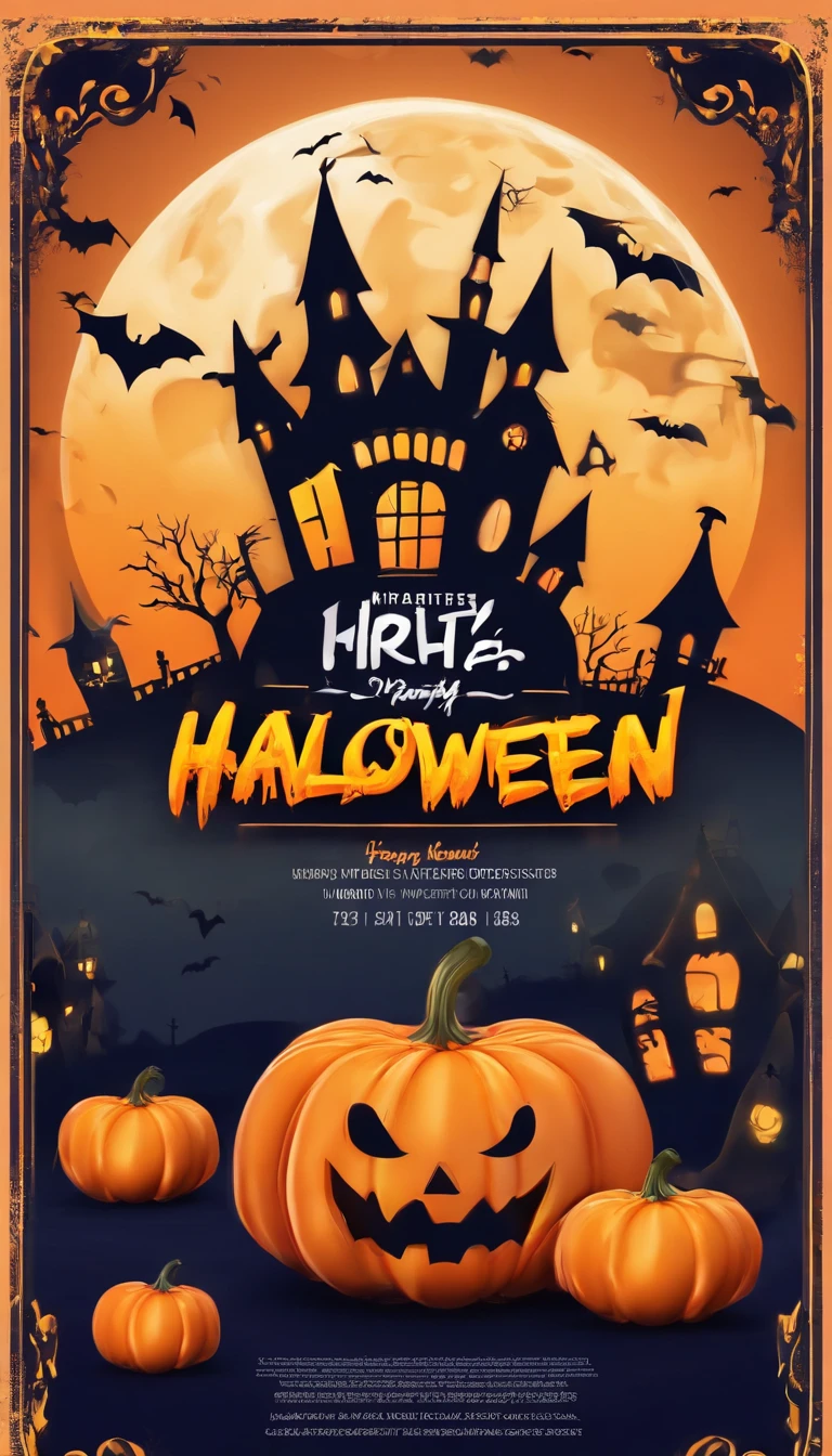 Halloween party flyer template with pumpkin and bat, 3 d model,C4D,halloween art style, Trick or Treat, halloween celebration, stock illustration, halloween theme, halloween wallpaper with ghosts, Halloween movies, illustrated poster, halloween atmosphere, header text”, Halloween, illustratio, 1 9th, Grand!, illustration!, Vintage Halloween postcard, halloween night, creepy themed, stock art, spooky halloween theme