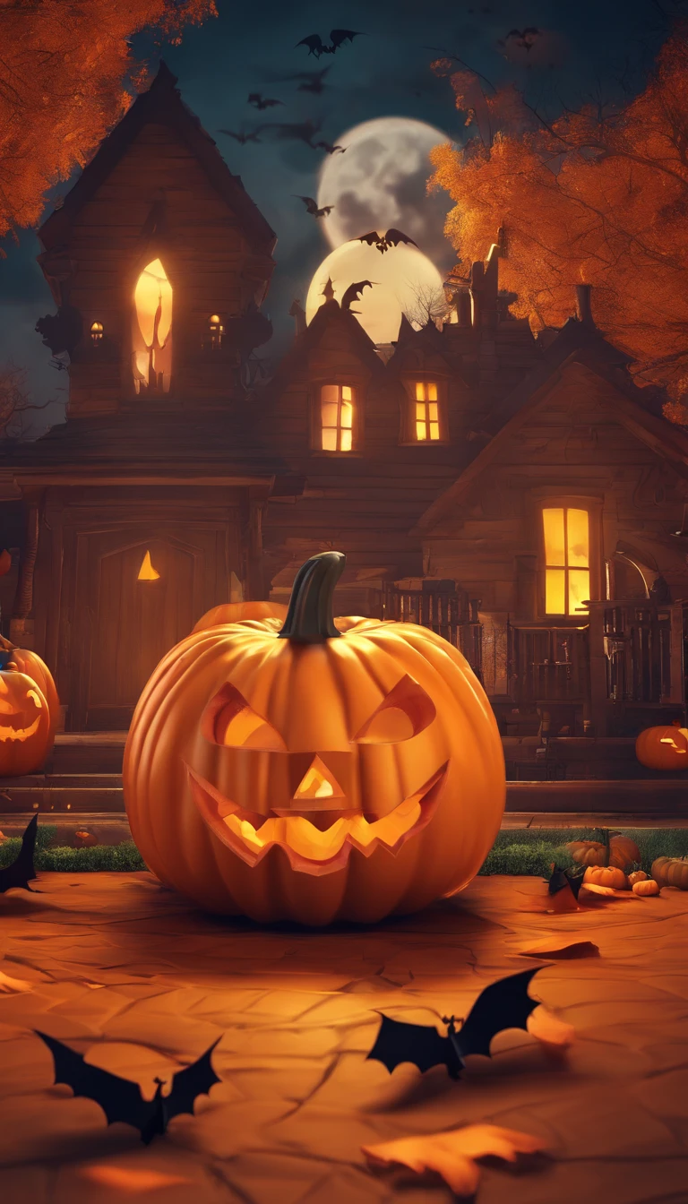 Halloween party flyer template with pumpkin and bat, 3 d model,C4D,halloween art style, Trick or Treat, halloween celebration, stock illustration, halloween theme, halloween wallpaper with ghosts, Halloween movies, illustrated poster, halloween atmosphere, header text”, Halloween, illustratio, 1 9th, Grand!, illustration!, Vintage Halloween postcard, halloween night, creepy themed, stock art, spooky halloween theme