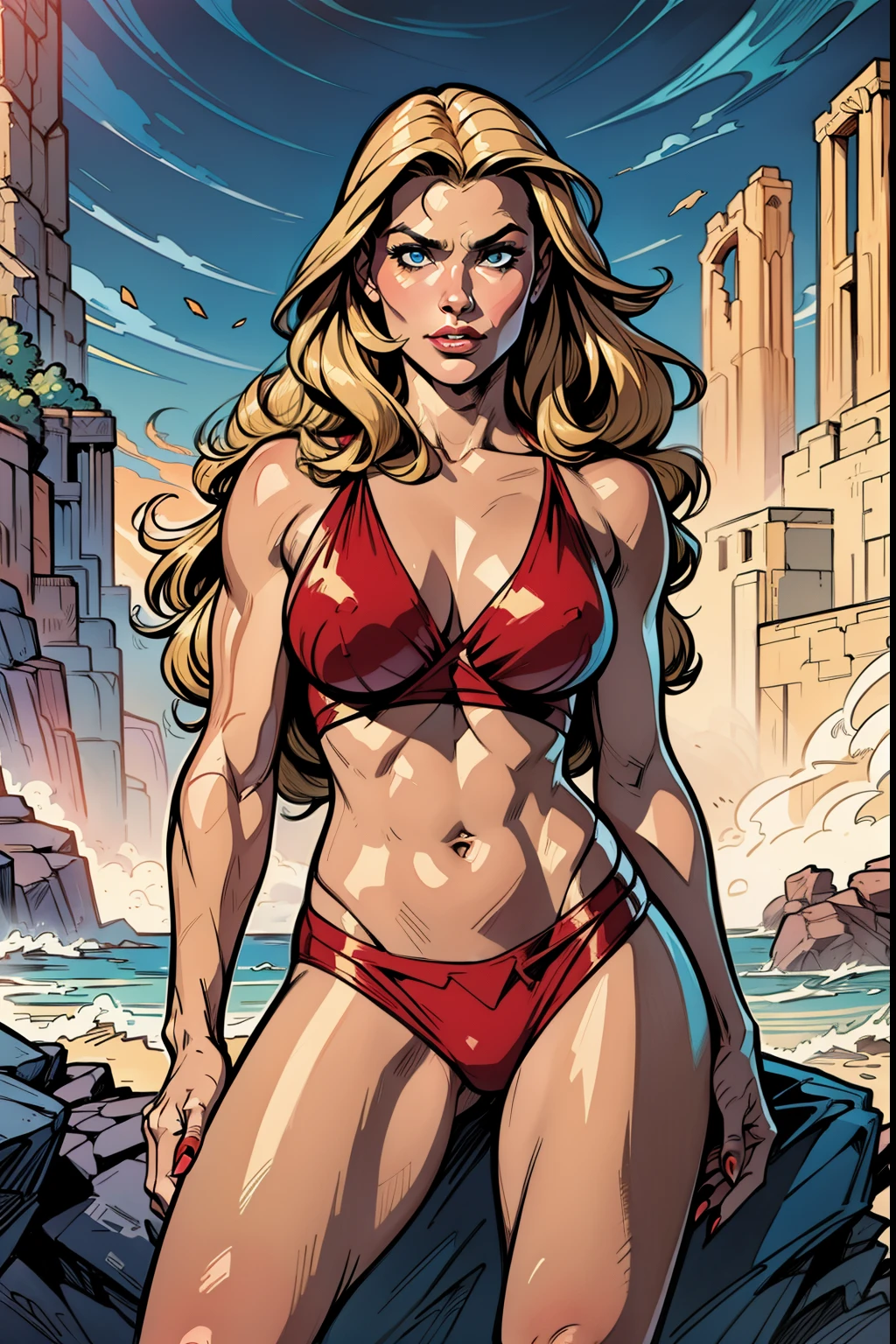 Conan no topo de uma colina junto de Valeria da Irmandade vermelha, Cena inspirada Red Nails, Valerie of the Red Brotherhood was a blonde warrior, de olhos azuis e corpo de deusa. Conan, barbarian class, Conan, the Barbarian Como ilustrado John Buscema (Arte de fantasia)