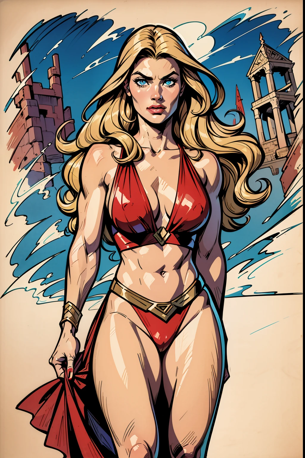 Conan no topo de uma colina junto de Valeria da Irmandade vermelha, Cena inspirada Red Nails, Valerie of the Red Brotherhood was a blonde warrior, de olhos azuis e corpo de deusa. Conan, barbarian class, Conan, the Barbarian Como ilustrado John Buscema (Arte de fantasia)