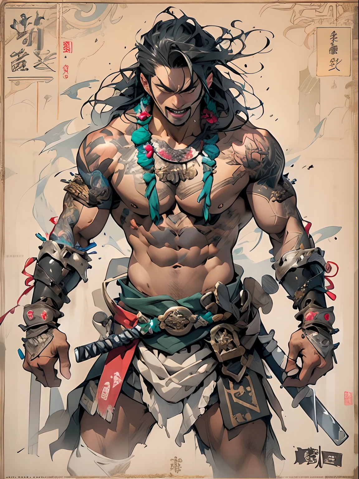 (((mtu))), (((best qualityer))), (((tmasterpiece))), (((AS-Adult))), ((( Japanese ))), Look up from your knees, Handsome Asian samurai，perfect body figure, Modern samurai, ((( Asian))), Wear gloves on your hands，The left arm is made of steel and metal tips，Made of protective devices, The eyes are pulled, (( Appears below the chest )), (( Small dental floss )), Simon Bisley, Almost naked（Simon Bisley）Castle City Wilderness，For high-resolution posters, hair straight, Minimum clothing, armure (Crazy clothes ), Full of tips and rivets, tribal tattoos, (((full bodyesbian))), Straight brunette hair，Colored hair ends