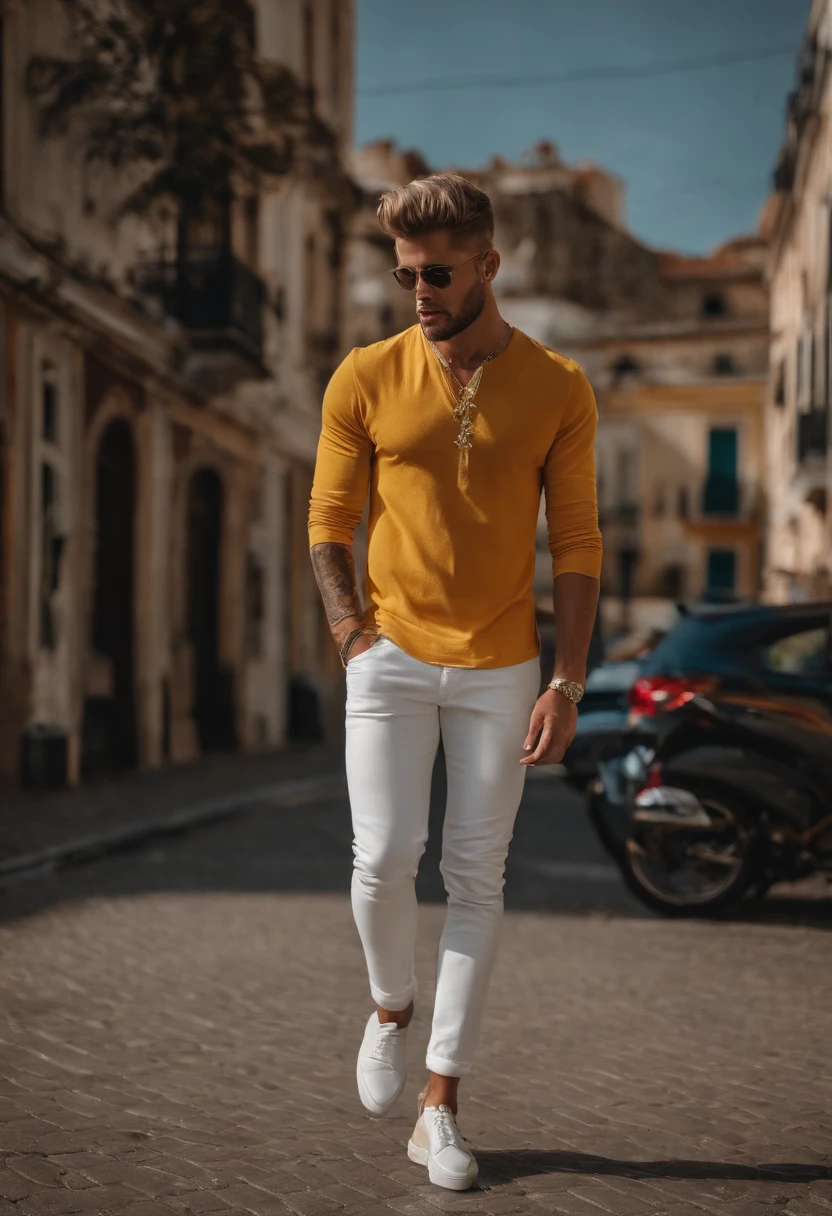 Homem branco jovem, com cabelos muito curtos e loiro muito claro dourado de etnia europeia. Ele deve estar de costas para foto, dentro de um apartamento. Enfatizar as costas, ele deve estar sem blusa.