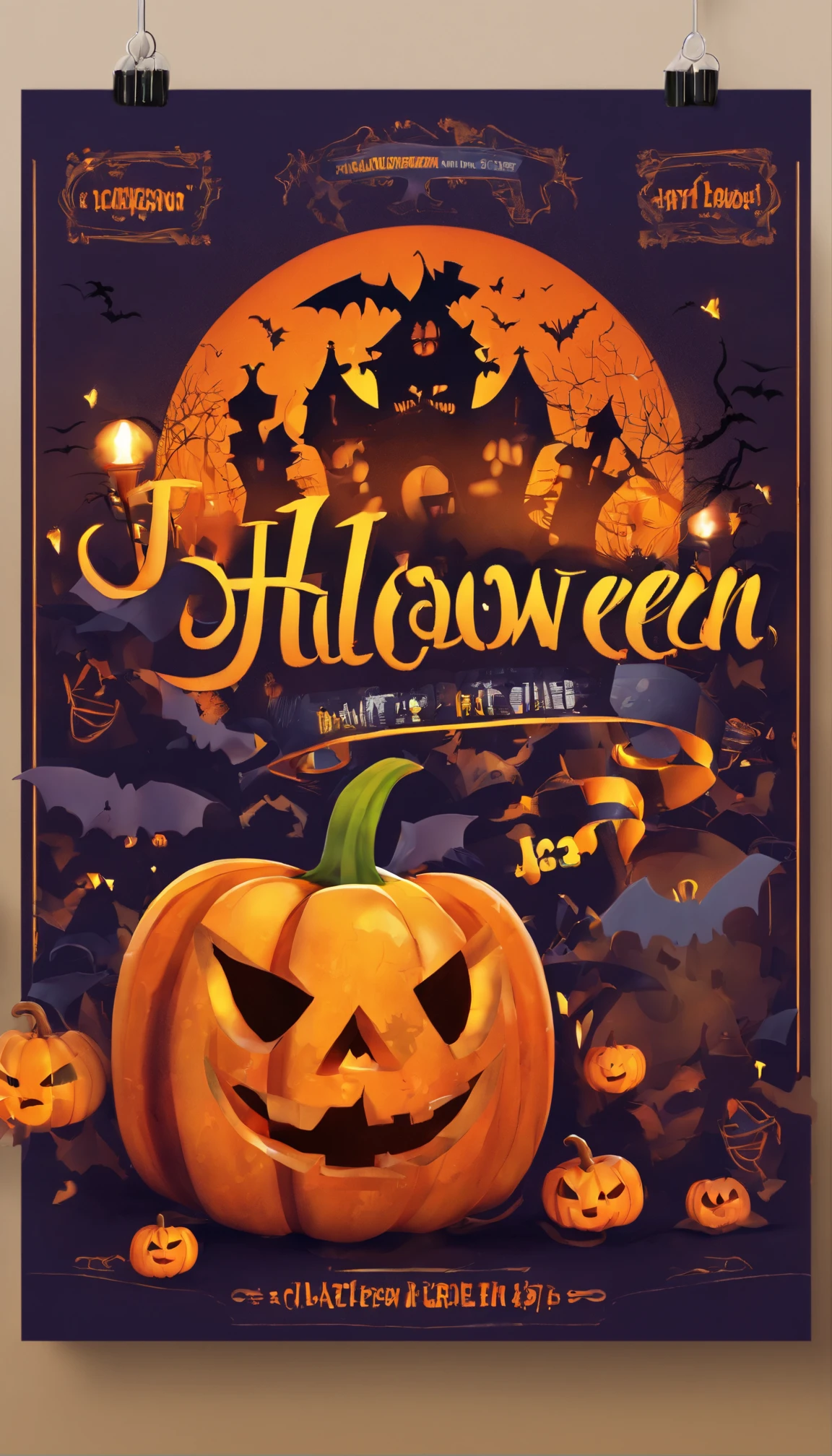 Halloween party flyer template with pumpkin and bat, 3 d model,C4D,halloween art style, Trick or Treat, halloween celebration, stock illustration, halloween theme, halloween wallpaper with ghosts, Halloween movies, illustrated poster, halloween atmosphere, header text”, Halloween, illustratio, 1 9th, Grand!, illustration!, Vintage Halloween postcard, halloween night, creepy themed, stock art, spooky halloween theme