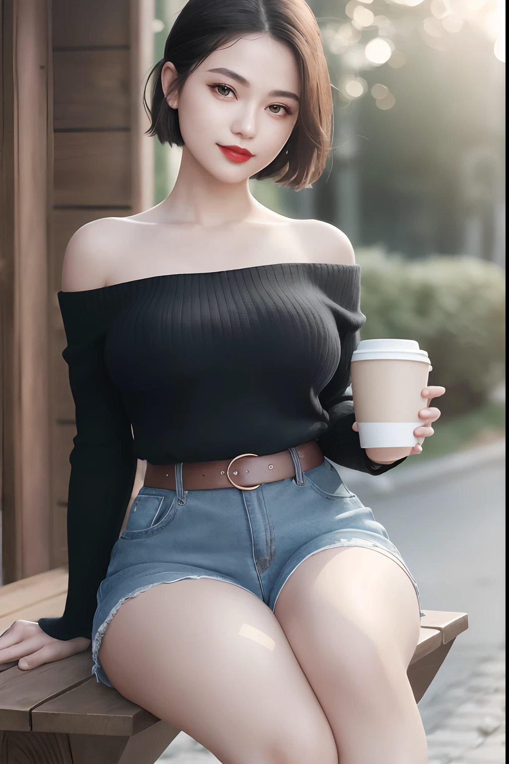 1 naked girl, very small breasts (firm and full), drinking_straw, full red hair, short curly hair, black eyebrows, black eyes, detailed eyes, solo, disposable_cup, bubble_tea, cup, drink, bubble_tea_challenge, photo_\(medium\), brown_eyes, looking_appearance, bob_cut, drink, full body view, nude, hat, brown leather backpack