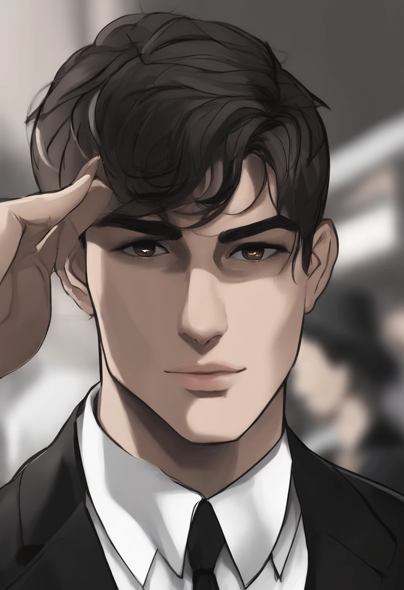 Idade: 24 years Gender: Male Appearance: um jovem alto, com cabelos pretos e olhos pretos intensos. Ele sempre usa um terno preto bem ajustado, matching a white shirt and does not have a tie. His smile is enigmatic and mysterious, conveying a certain indifference to the world around you, em estilo cartoon