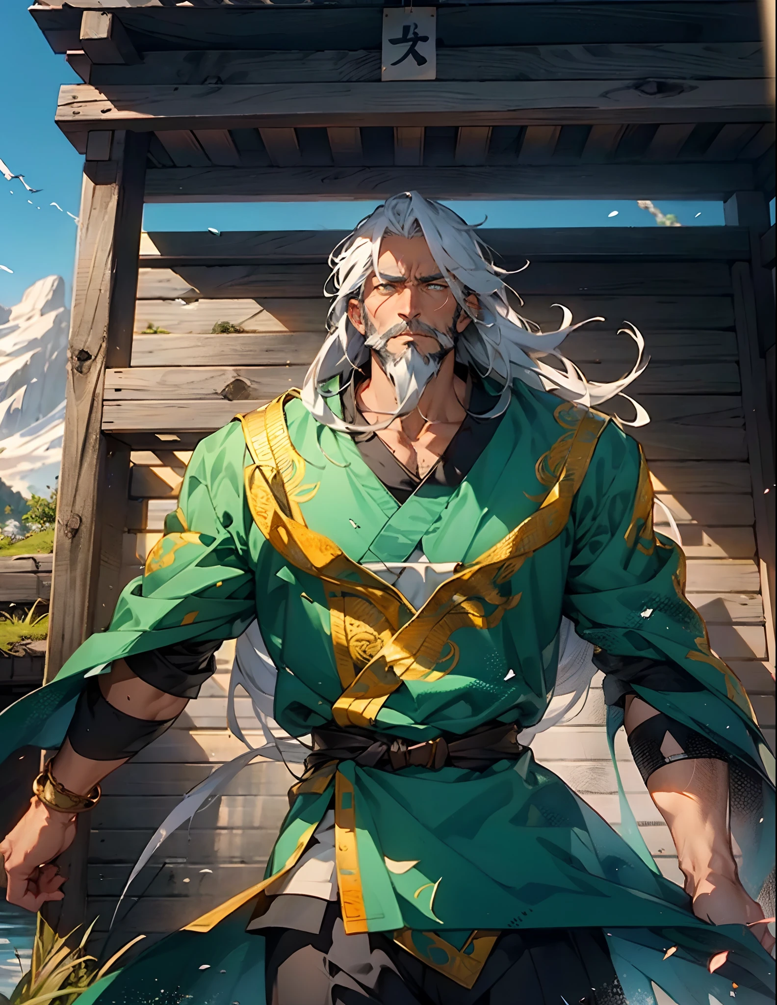 A middle-aged man around 50 years old, disheveled long hair and a long beard, his calm expression reveals wisdom, he wears a loose-fitting moss green robe, golden embroidery patterns, stands confidently in the wind, in a mountain valley with a stream, a broad blue sky, this character embodies a finely crafted fantasy-style Chinese martial hero design in anime style, characterized by a sophisticated and mature manga illustration art style, high definition, best quality, highres, ultra-detailed, ultra-fine painting, extremely delicate, professional, anatomically correct, symmetrical face, extremely detailed eyes and face, high quality eyes, creativity, RAW photo, UHD, 8k, Natural light, cinematic lighting, masterpiece:1.5