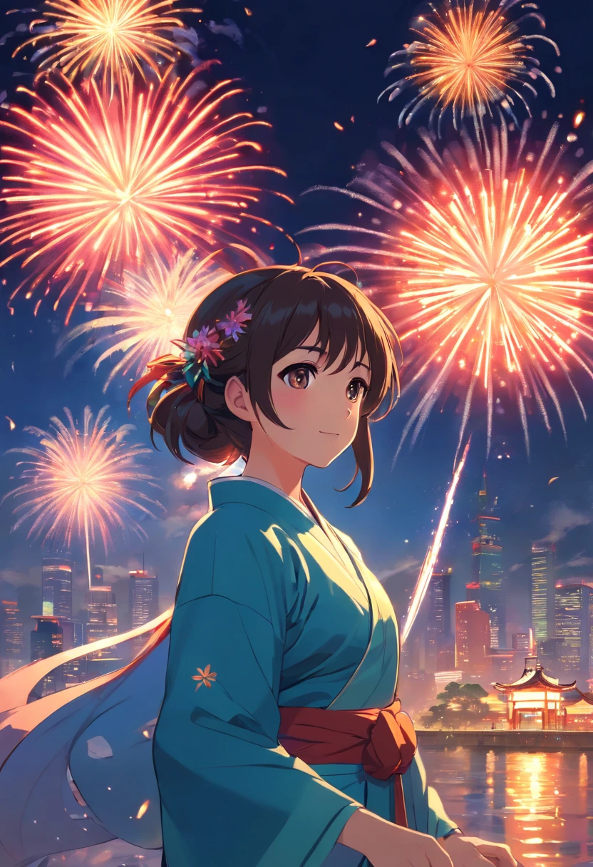 fire works，Absolutely beautiful girl，laughingly，Hanfu，Vista lanterns