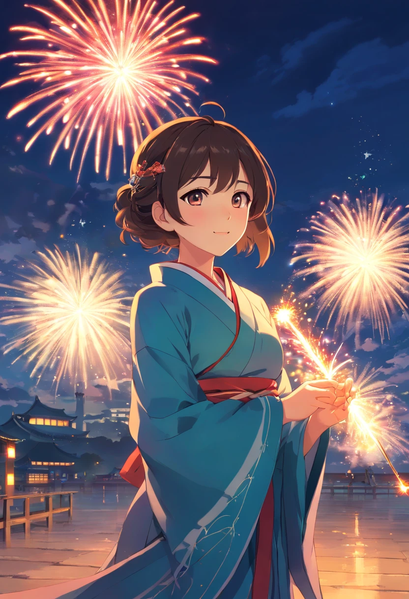 fire works,Absolutely beautiful girl,laughingly,Hanfu,Vista lanterns