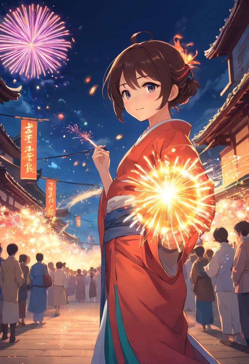 fire works,Absolutely beautiful girl,laughingly,Hanfu,Vista lanterns