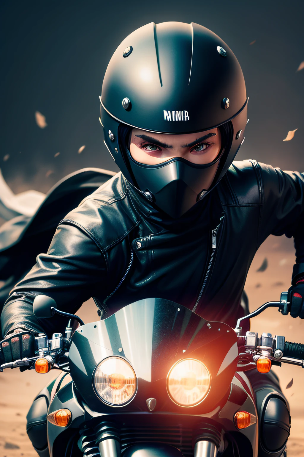 Make a ninja who wears a motorcycle helmet with dark visor.