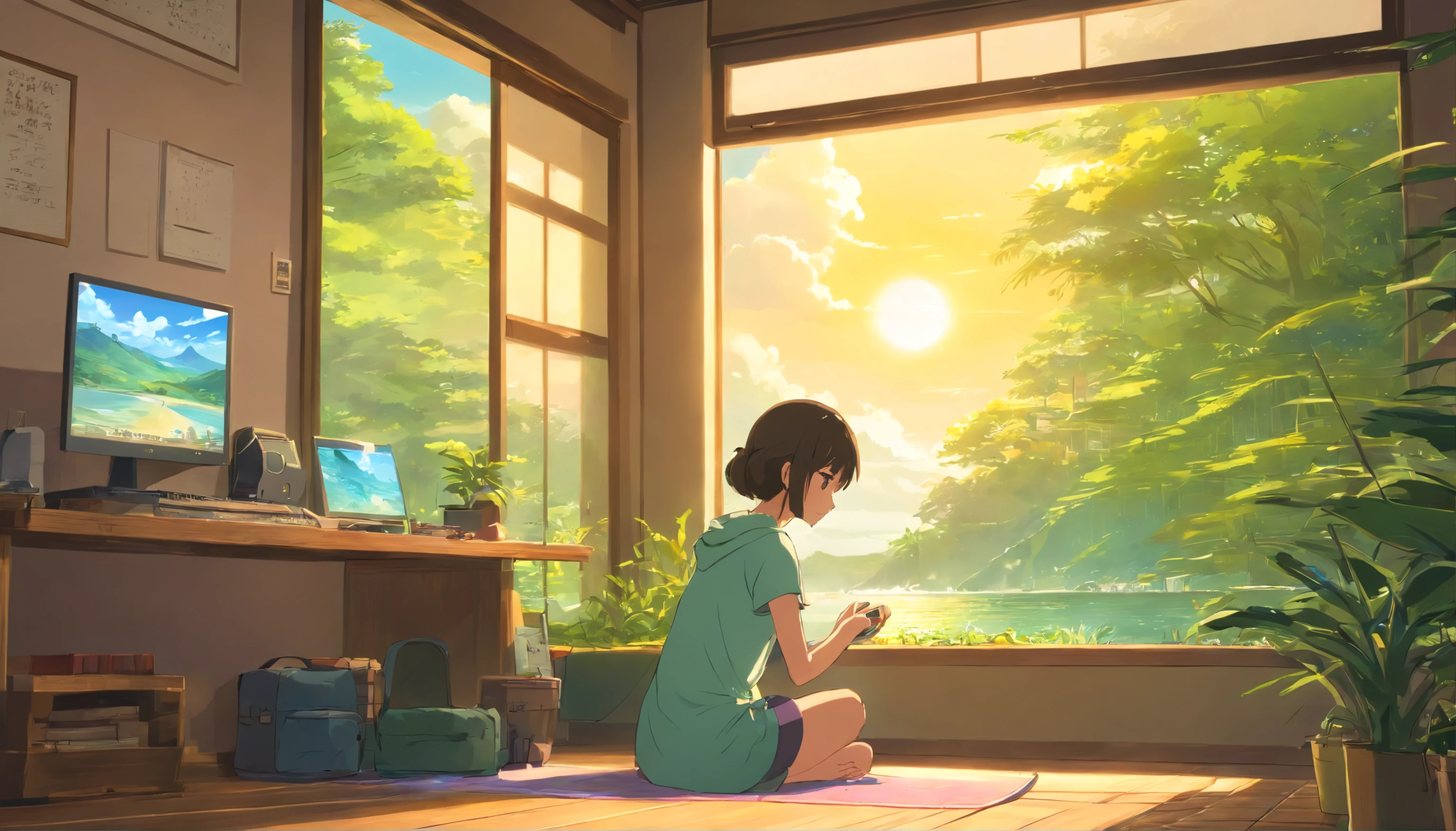 com fones de ouvido, Meditando, abrir janela, quarto, ambiente tranquilo, luz solar suave, ambiente aconchegante, Relaxing music, serene expression, olhos fechados, comfortable seats, wooden floor, cortinas florais, Plantas Verdes, Brisa Natural, calming vibrations, suaves raios de luz, Tranquil setting, quietude, harmonia, serenidade, relaxamento profundo, cores calmantes, energia positiva, mindfulness, Sunniness, introspection, Viagem interior, serenidade, fuga do mundo exterior