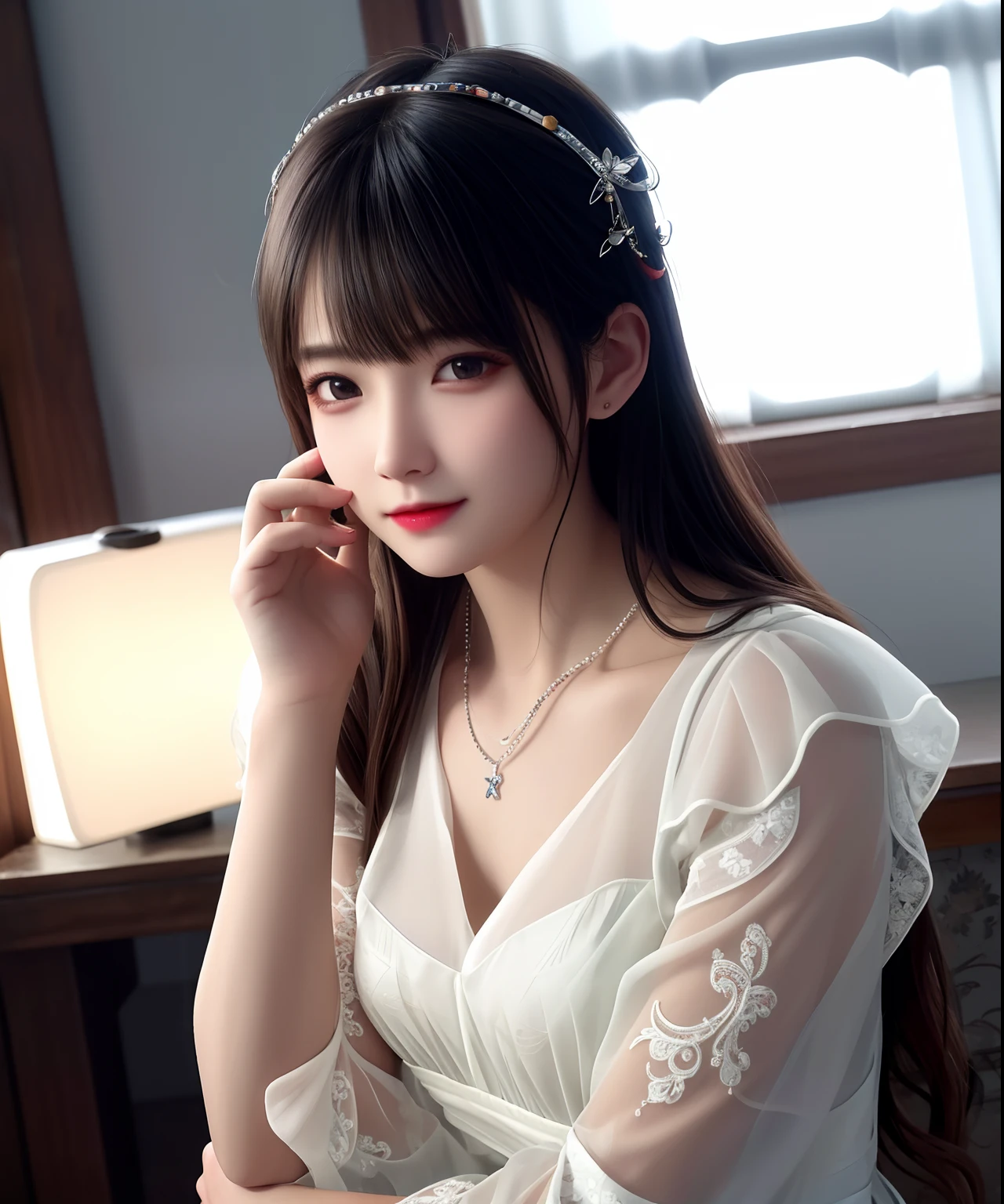 Best quality, masterpiece, high resolution, 1girl, porcelain dress, hair accessories, necklace, jewelry, beautiful face, on the body, Tyndall effect, realistic, dark studio, edge lighting, two-tone lighting, (high detail skin: 1.2), 8k UHD, dslr, soft light, high quality, volumetric light, candid, photo, high resolution, 4k, 8k, background blur,
