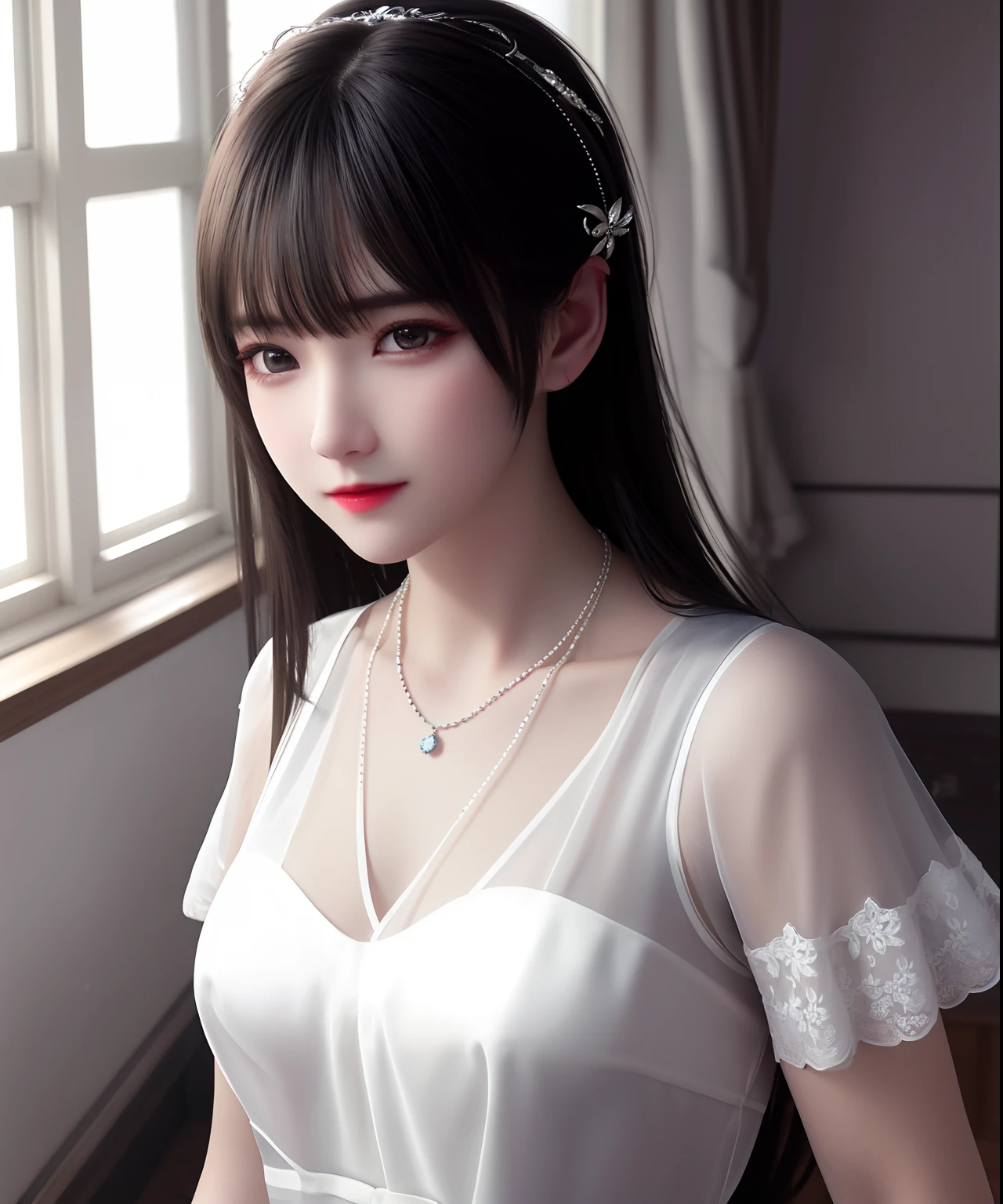 tmasterpiece，best qualtiy，（Dark photograph：1.3），realisticlying，1girl，flat bangs，stunning innocent symmetry face，shirt with lace，Emotional，White midskirt，ulzzang，（PureErosFace_V1：0.7）