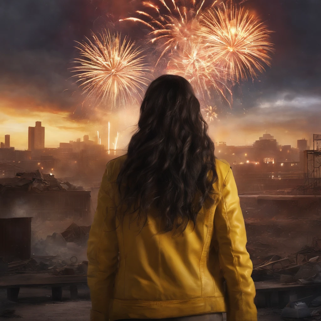Realistic scenery, ultra - detailed, natta,postapocalyptic, High quality, Buildings everywhere, Destroyed buildings,postapocalypse, full-body portraits ,A girl, Yellow jacket, Hands in pockets, Long black hair, Heterochromic eyes,Fireworks explode overhead , Spectacular fireworks display. The fireworks are huge