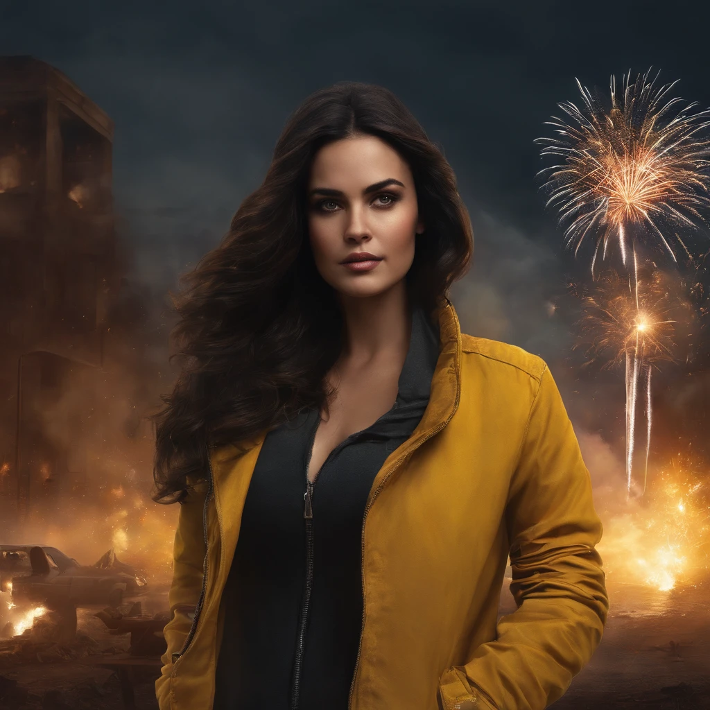 Realistic scenery, ultra - detailed, natta,postapocalyptic, High quality, Buildings everywhere, Destroyed buildings,postapocalypse, full-body portraits ,A girl, Yellow jacket, Hands in pockets, Long black hair, Heterochromic eyes,Fireworks explode overhead , Spectacular fireworks display. The fireworks are huge