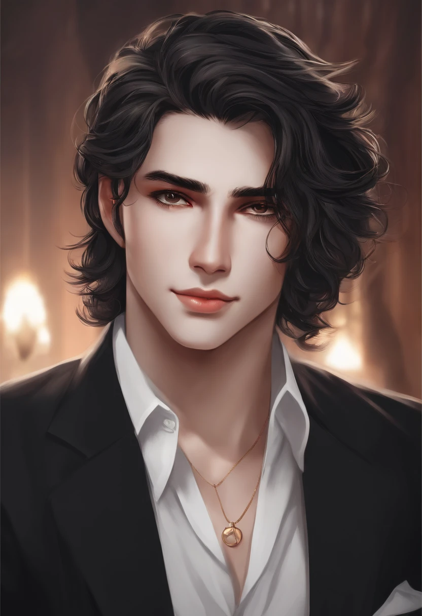 Idade: 24 years Gender: Male Appearance: um jovem alto, com cabelos pretos e olhos pretos intensos. Ele sempre usa um terno preto bem ajustado, matching a white shirt and does not have a tie. His smile is enigmatic and mysterious, conveying a certain indifference to the world around you, em estilo anime