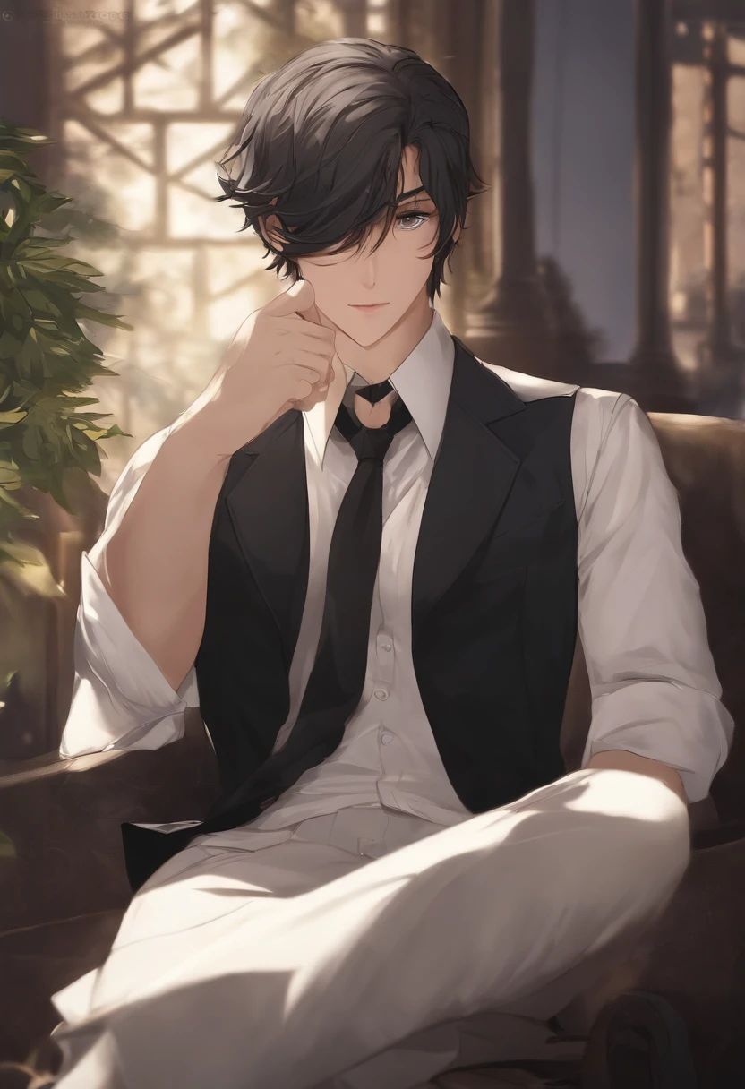 Idade: 24 years Gender: Male Appearance: um jovem alto, com cabelos pretos e olhos pretos intensos. Ele sempre usa um terno preto bem ajustado, matching a white shirt and does not have a tie. His smile is enigmatic and mysterious, conveying a certain indifference to the world around you, em estilo anime