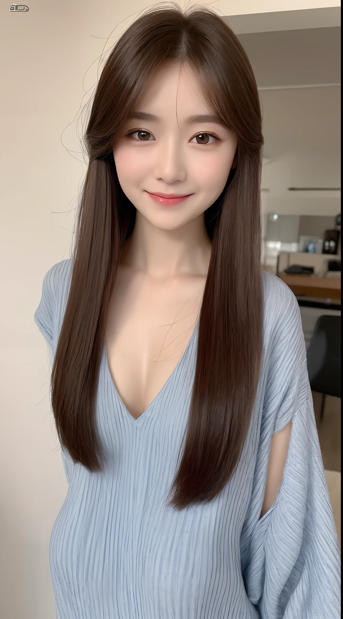 ((Best Quality, 8K, Masterpiece: 1.3)), 1girl, Slim Abs Beauty: 1.3, (Hairstyle Casual, Big Breasts: 1.2), Dress: 1.1, Super Fine Face, Delicate Eyes, Double Eyelids, Smile, Home