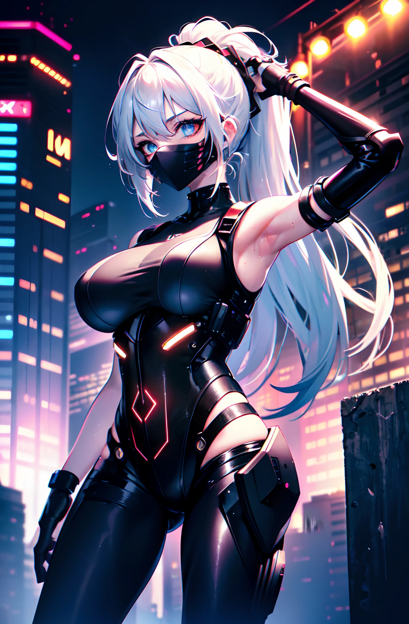 transcendent beautiful girl, (masterpiece eyes:1.3), (sleeveless exoskeleton bodysuit:1.3), sweat skin, (red long hair, ponytail), (exposed sideboob, exposed armpits, exposed groin), cowboy_shot, side focus, shiny, Huge_breasts, wide_lower back, (arms behind head, armpits), open stance, (cyber tech punk mouth mask:1.2), cyber punk city, professional lighting, best quality, masterpiece, ultra detailed, captures a super cute moment, depth of field, ultra high resolution, fine details, 16k wallpaper,