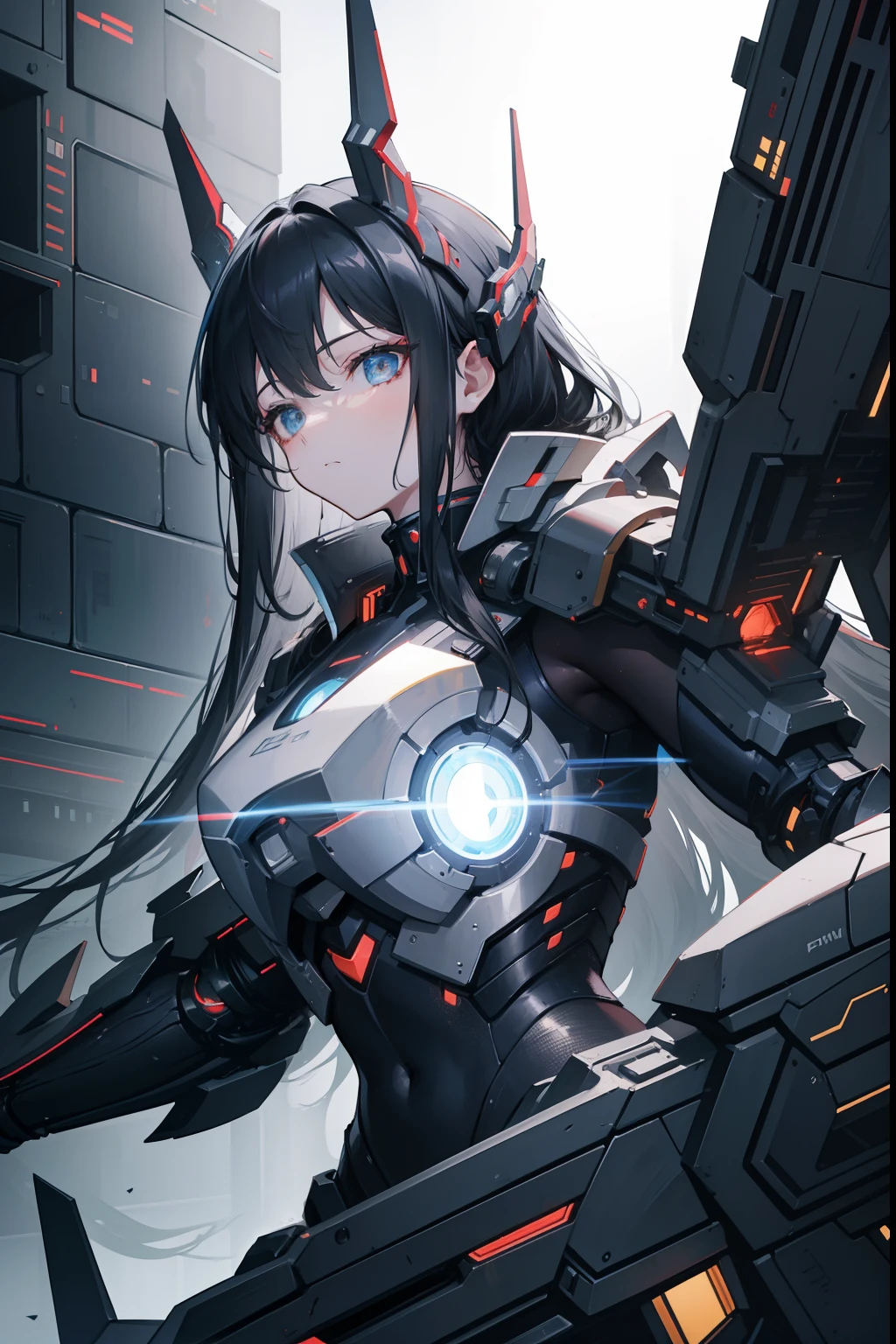 best quality ,masterpiece, illustration, an extremely delicate and beautiful, extremely detailed ,CG ,unity ,8k wallpaper, Amazing, finely detail, masterpiece,best quality,official art,extremely detailed CG unity 8k wallpaper,absurdres, incredibly absurdres, ultra-detailed, highres, extremely detailed,beautiful detailed girl,light on face, 1girl, mecha, armor, mechanical_body, black hair,  spaceship, city, cyberpunk, star_sky,