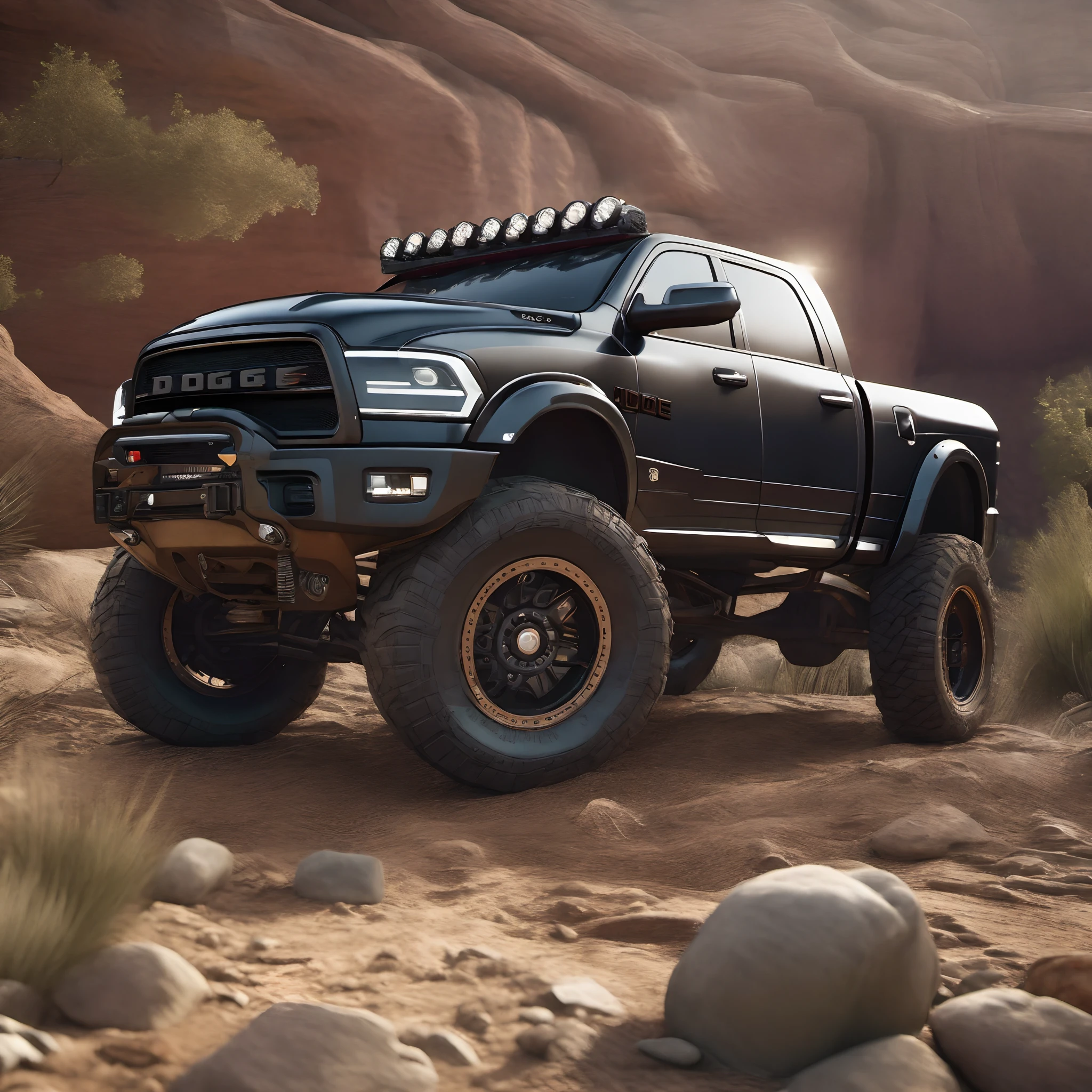 ((A photo realistic picture of)) Dodge Ram, lifted offroad overland modification, ((design by Kahn Design)) in hyper realistic 3D CGI Render style, outdoors, rugged terrain, steampunk look, ultra sharp focus, UHD, 8k, unreal engine, studio lighting, insanely detailed and intricate, hyper maximalist