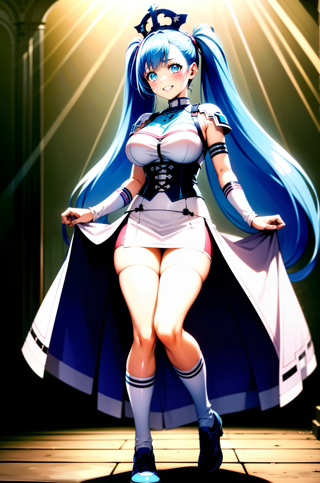 (masterpiece, best quality), 1girl, metatronx, twintails, , white large skirt,long skirt, white arm warmers, victorian dress, , , smile, dramatic lighting, god rays, church, , standing, blue hair,pants, pullover, medieval city, temple,