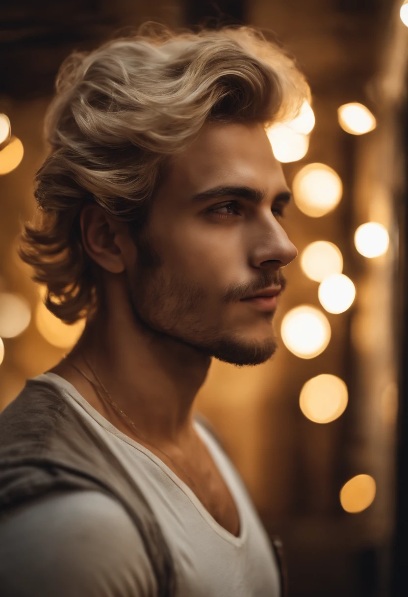 Homem branco jovem, com cabelos muito curtos e loiro muito claro dourado de etnia europeia. he must be standing, de costas, sem blusa, dentro de um apartamento de dia.