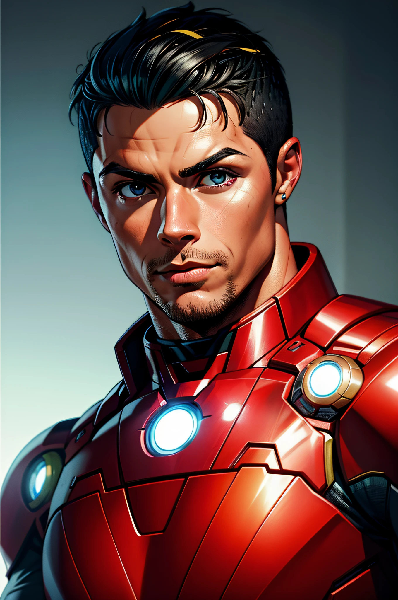 soccer player cristiano ronaldo with iron man armor, very detailed eyes and face