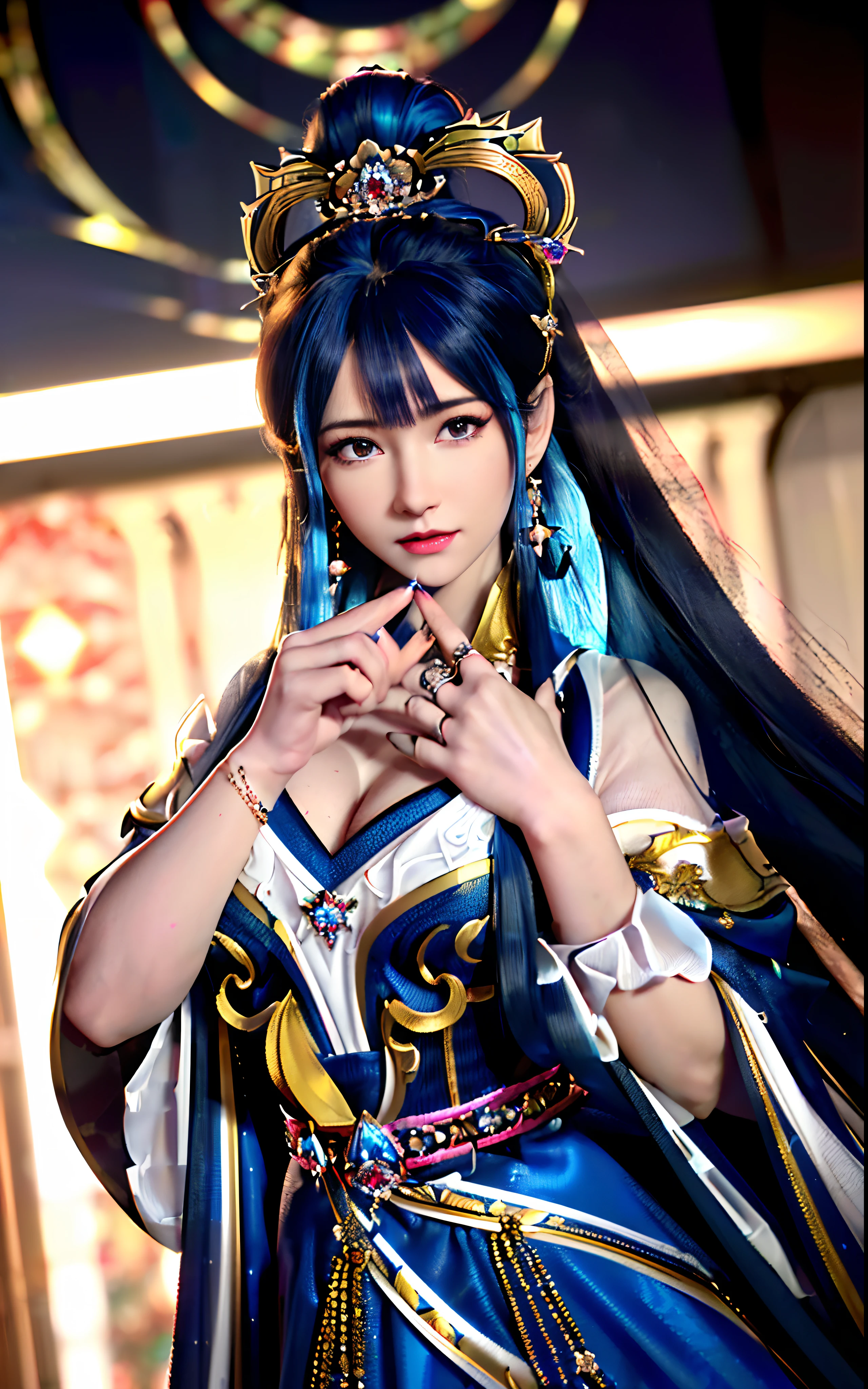 ((realisticity: 1.2)), ((realistic: 8K UHD)), ((best resolution: 8K UHD)), hyper detailed, best quality,masterpiece,highres,cg, ((1 girl hyper detailed and hyper realistic) ) , ((beautiful queen, hyper realistic and hyper detailed)),((white skin, beautiful, smooth, youthful, hyper realistic and hyper detailed )), ((Face hyper beautiful, white, hyper realistic and hyper detailed ) ), long hair, ((hyper realistic and hyper detailed dress)), solo, ((hyper realistic, hyper beautiful, beautiful and hyper detailed jewelry)), ((hyper beautiful deep red and golden yellow dress, hyper realistic and hyper detailed )) , ((Her pretty, hyper realistic, hyper detailed diamond filled earrings)), ((Her gorgeous diamond haircut, hyper realistic and hyper detailed)), ((hyper pretty upper body, hyper beautiful, hyper realistic and hyper detailed) ), ((medium breast: 1.1)), ((hyper realistic, hyper pretty, hyper detailed boobs)), ((the backgroun of the royal palace is hyper majestic, hyper realistic and hyper detailed)),((hands and palms hyper beautiful, hyper detailed, hyper realistic)), ((hyper detailed and hyper realistic fingers and fingernails)), ((hyper pretty fingernails, hyper vivid, hyper detailed, hyper realistic)), ((thumb, index finger, middle finger, ring finger, little finger hyper vivid, hyper pretty, hyper detailed, hyper realistic)),
((hyper beautiful fingers, hyper detailed, and hyper realistic)), ((posture not too fat and not too thin, hyper realistic, hyper detail)), ((hyper pretty, hyper pretty, hyper realistic and hyper detailed hair bun)), ((hyper pretty , hyper realistic and hyper detailed blue hair)), candid, Photo, high resolution, 8k , bokeh,