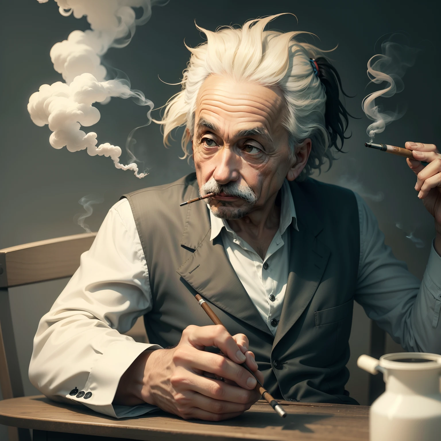 Crie uma imagem simples do Einstein a fumar cigarro, sozinho, isolado e estressado