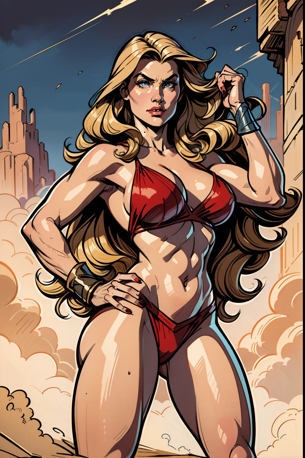 Conan no topo de uma colina junto de Valeria da Irmandade vermelha, Cena inspirada Red Nails, Valerie of the Red Brotherhood was a blonde warrior, de olhos azuis e corpo de deusa. Conan, barbarian class, Conan, the Barbarian Como ilustrado John Buscema (Arte de fantasia)