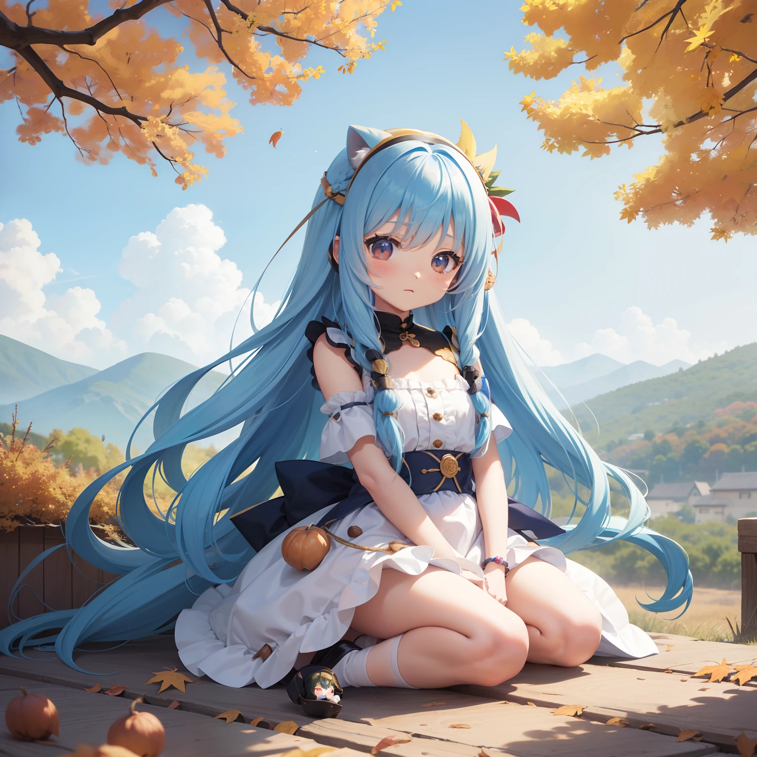 Chibichara long hair with blue hair((Chibi Chara))、Fluffy、girl with、Chibi Chara、full body Esbian、Pastel colors hair、masutepiece、top-quality、Landscape of autumn leaves、Chestnuts and acorns