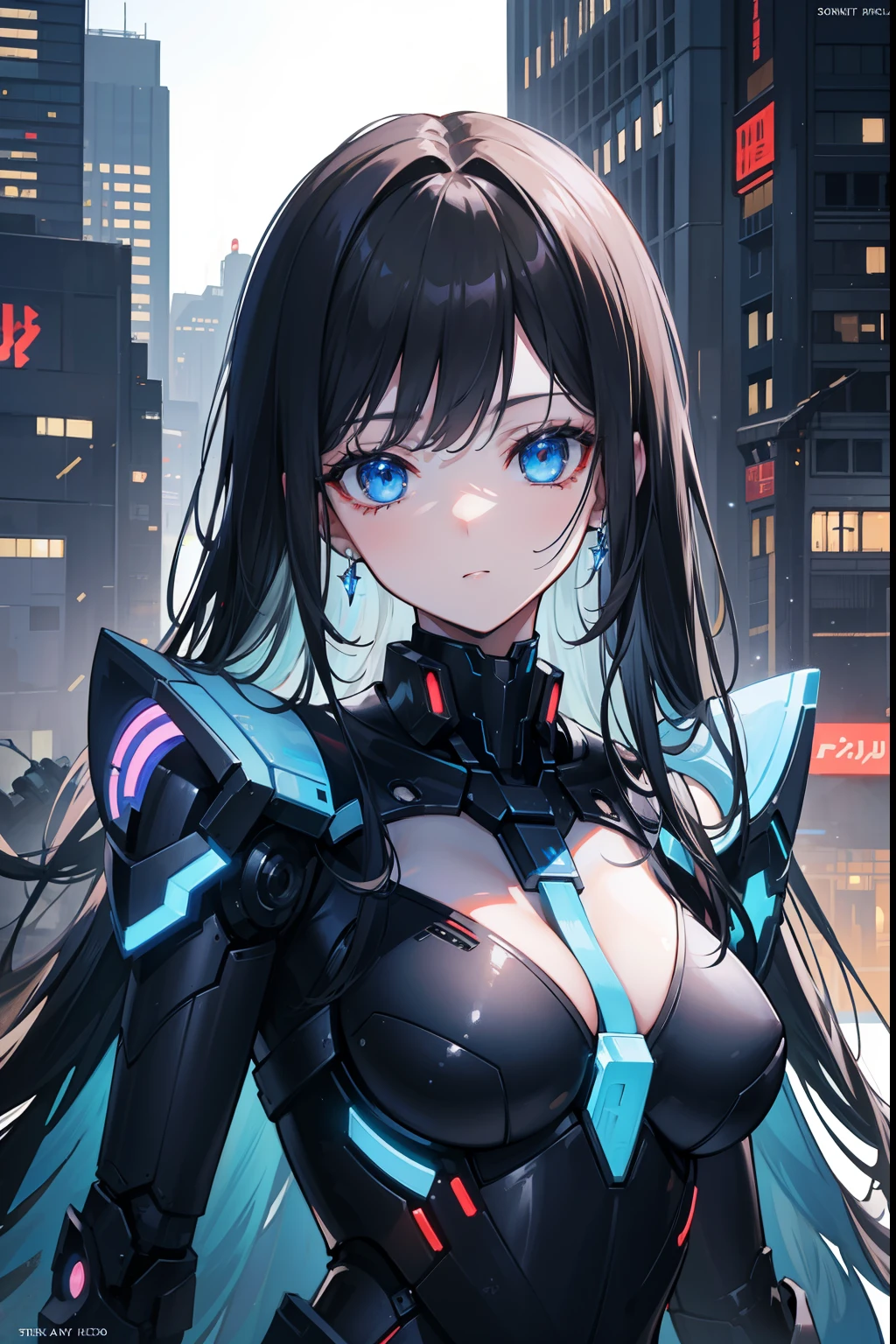 best quality ,masterpiece, illustration, an extremely delicate and beautiful, extremely detailed ,CG ,unity ,8k wallpaper, Amazing, finely detail, masterpiece,best quality,official art,extremely detailed CG unity 8k wallpaper,absurdres, incredibly absurdres, ultra-detailed, highres, extremely detailed,beautiful detailed girl,light on face, 1girl, mecha, long black hair, beautiful blue eyes, fair skin, mecha accessories on head, armor, mechanical_body, black hair, spaceship, city, cyberpunk, star_sky,