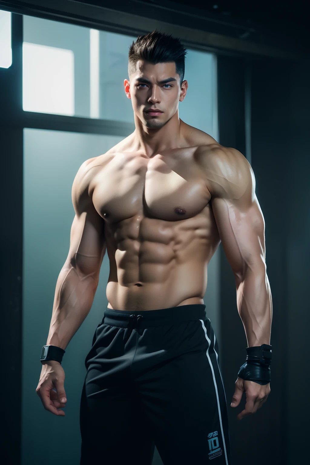 Best quality, Masterpiece, 超高分辨率, (Photorealistic:1.4), RAW photo,there is a man with a muscular body standing in a gym, a character portrait inspired by Yanjun Cheng, pixiv, digital art, super buff and cool, muscular character, anime handsome man, lean but muscular, handsome anime pose, muscular! cyberpunk, a muscular, ross tran style, tall anime guy with blue eyes, muscular!!