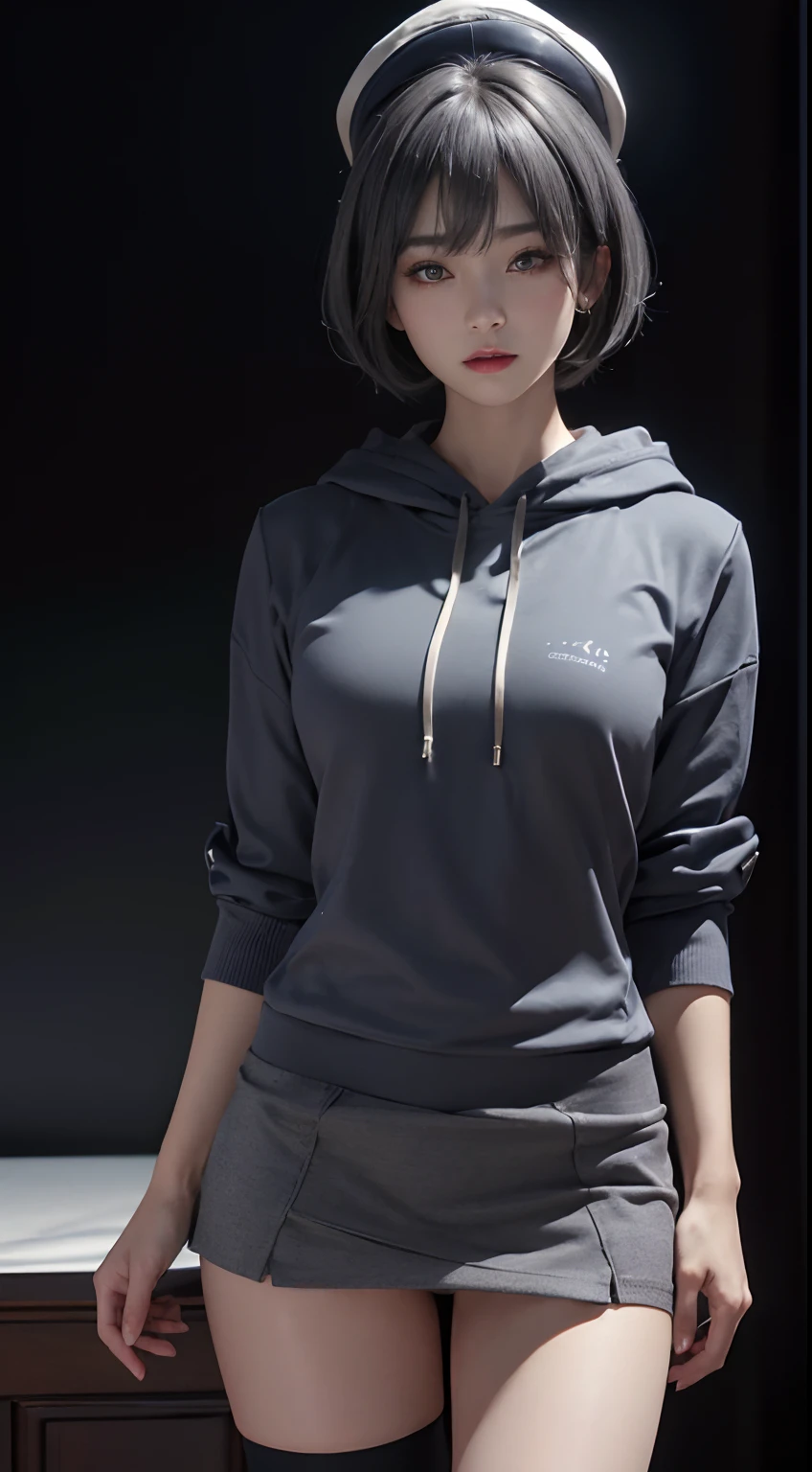 (masuter piece:1.3)、(8K、Photorealsitic、Raw photography、top-quality: 1.4)、(1girl in)、beautiful countenance、(Lifelike face)、(Navy Grey Hair、short-hair:1.3)、(Huge)、 (Crobbed Overhoodie)、(exposing the abdomen)、(Miniskirt with visible panties:1.3)、(Display hats on the screen)、realisticeyes、Beautiful details、(real looking skin)、Beautiful skins、absurderes、enticing、超A high resolution、A hyper-realistic、high-detail、the golden ratio