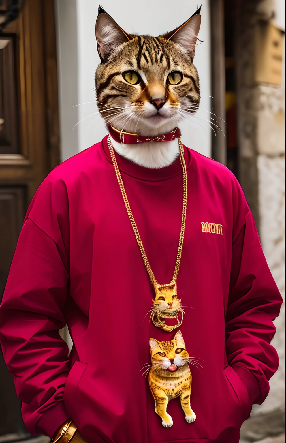 Gato (animal), pimp clothes, sobretudo na cor roxa, cachecol na cor vermelha, wearing gold chain on neck