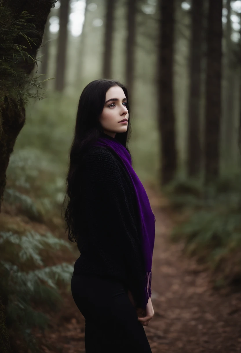 , black haired girl on a forest, long hair, purple eyes, purple scarf, black sweater, black pants, pale skin, minimalist, simple, pacific