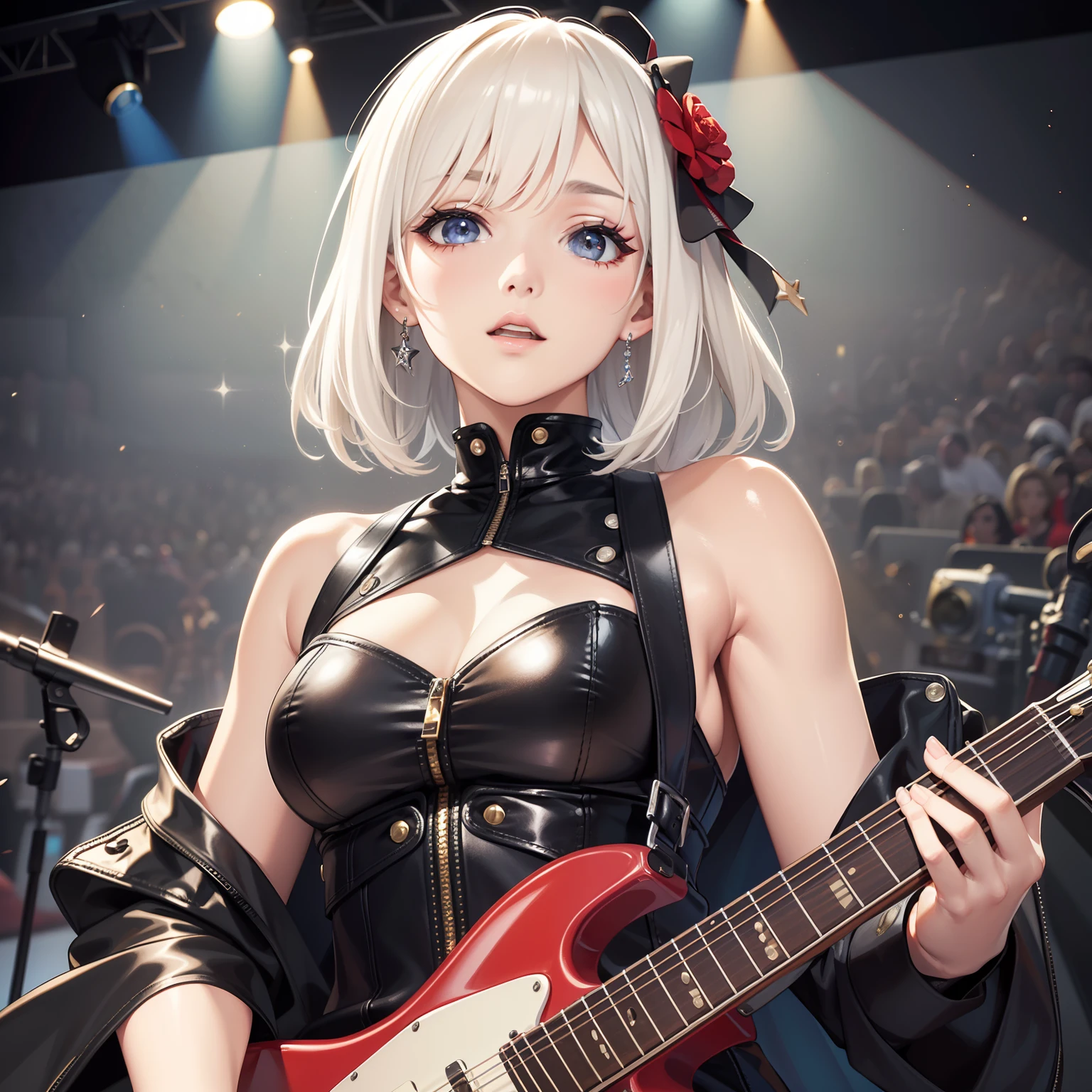 masterpiece、top-quality、hight resolution、High-quality images、8K.2femele、skin gloss、Texture of skin and clothing、the detail、Detailed eye expression、Lustrous hair、Platinum Blonde Shorthair、cabelos preto e longos、portlate、rock band、vocal&guitarrist、Superstar、spot light、Red and black leather stage costume、Hot