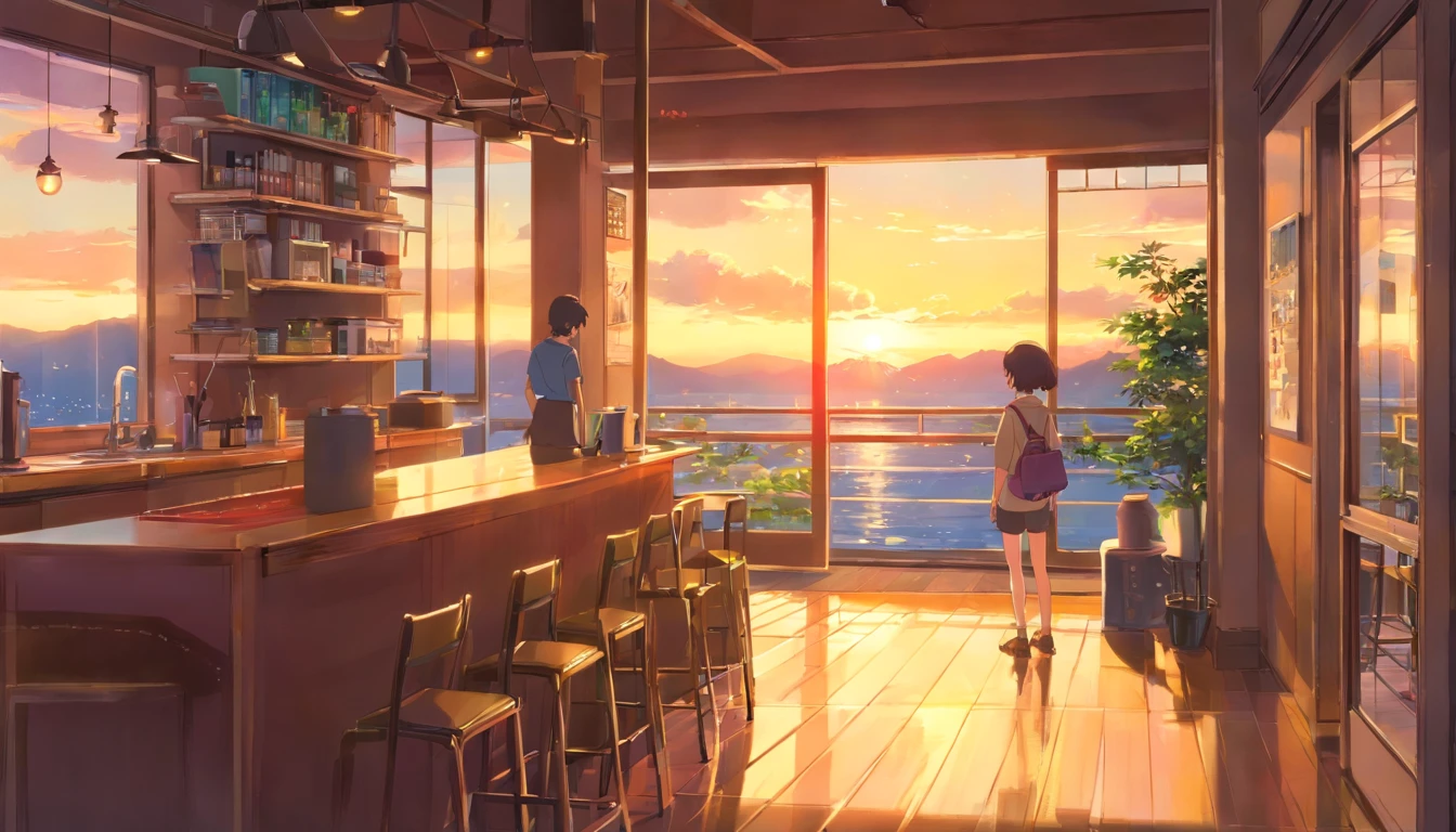 portlate、512、Lo-fi、Menina em fones de ouvido sentada em uma cadeira、Cochilar em sua mesa、Olhos fechados、Vista da cidade fora da janela、early evening、PastelColors、Pintura