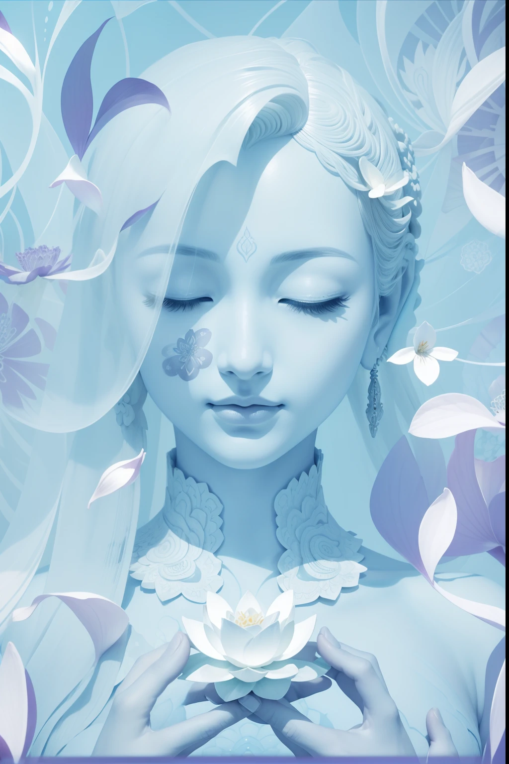 fractal structures,zentangle,entangle,(scanning line:1.3),Buddha statue,mental enlightment,(best quality,4k,8k,highres,masterpiece:1.2),ultra-detailed,(realistic,photorealistic,photo-realistic:1.37),portraits,detailed eyes and face,serene expression,peaceful ambiance,lotus petals floating,tranquil atmosphere,soft lighting,subtle color palette,meditation posture,harmony