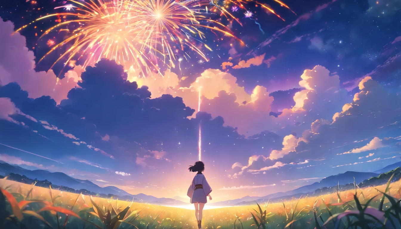 A wide landscape photo, (viewed from below, the sky is above, and the open field is below), a girl with yukata standing on a flower field looking up, ((bright orange fireworks)) , (full moon: 1.2), (meteor: 0.9), (nebula: 1.3), distant mountains , Trees BREAK Crafting Art, (Warm Light: 1.2), (Firefly: 1.2), Lights, Lots of Purple and Orange, Intricate Details, Volumetric Lighting BREAK (Masterpiece: 1.2), (Best Quality), 4k, Ultra Detailed, (Dynamic Composition: 1.4), Rich in Detail and Color, (Rainbow Color: 1.2), (Glow, Atmospheric Lighting), Dreamy, Magical, (Solo: 1.2), festival set