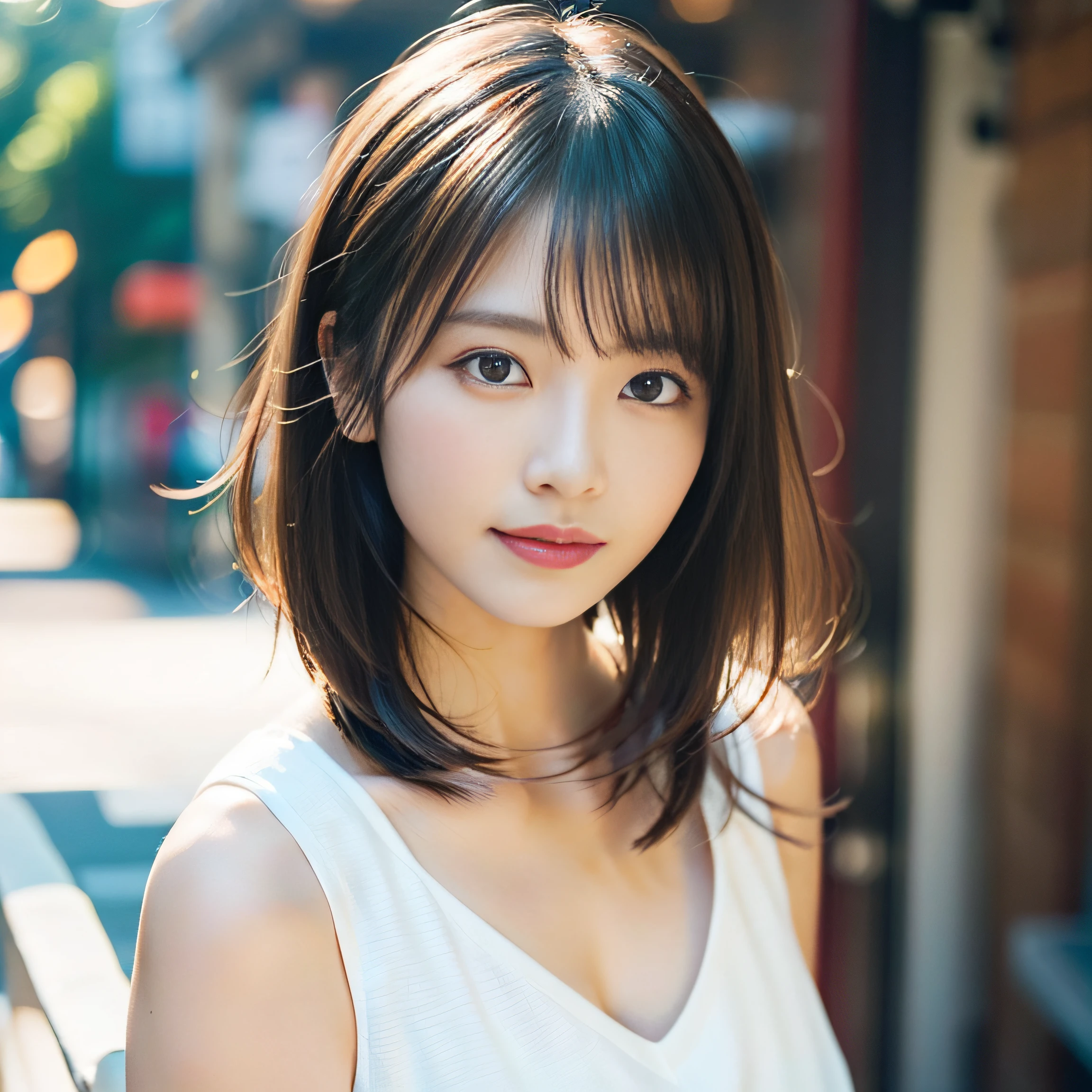 in 8K,Best Quality:1.4, 超A high resolution:1.5, (Photorealistic:1.4),​masterpiece:1.2,(top-quality:1.4)、 Raw photo、(the background is blurred), A park on a hill with a good view:1.4、On the lawn、FULL BODYSHOT:1.5、 Girl in 1, Cute, (Solo), (Shy smile), 、(30-years old:1.4)、to stand、Check miniskirt、Cute mini skirt、 (Brown medium hair,Bangs), (touch hair:1.4)、nogizaka、cute little、Supple fingertips,Beautiful black eyes、natural skin textures:1.3, realistic eyes and face details:1.7、middlebreasts、gazing at viewer、gravure、beauty legs、autumnal、A big smile