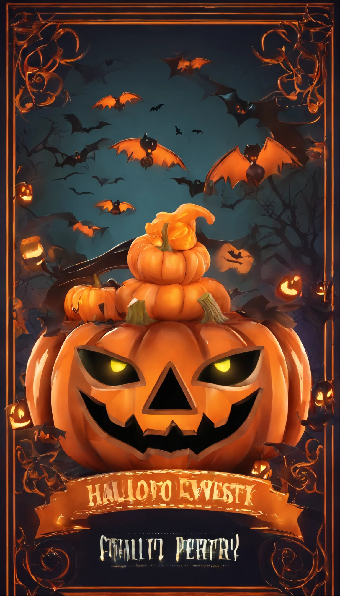 Halloween party flyer template with pumpkin and bat, 3 d model,C4D,halloween art style, Trick or Treat, halloween celebration, stock illustration, halloween theme, halloween wallpaper with ghosts, Halloween movies, illustrated poster, halloween atmosphere, header text”, Halloween, illustratio, 1 9th, Grand!, illustration!, Vintage Halloween postcard, halloween night, creepy themed, stock art, spooky halloween theme