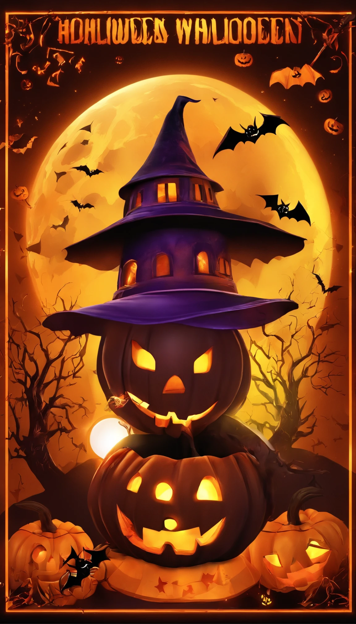 Halloween party flyer template with pumpkin and bat, 3 d model,C4D,halloween art style, Trick or Treat, halloween celebration, stock illustration, halloween theme, halloween wallpaper with ghosts, Halloween movies, illustrated poster, halloween atmosphere, header text”, Halloween, illustratio, 1 9th, Grand!, illustration!, Vintage Halloween postcard, halloween night, creepy themed, stock art, spooky halloween theme