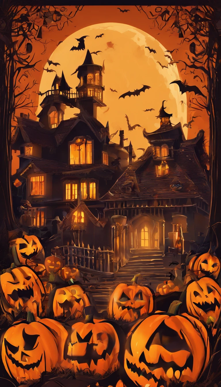 Halloween party flyer template with pumpkin and bat, 3 d model，C4D,halloween art style, Trick or Treat, halloween celebration, stock illustration, halloween theme, halloween wallpaper with ghosts, Halloween movies, illustrated poster, halloween atmosphere, header text”, Halloween, illustratio, 1 9th, Grand!, illustration!, Vintage Halloween postcard, halloween night, creepy themed, stock art, spooky halloween theme