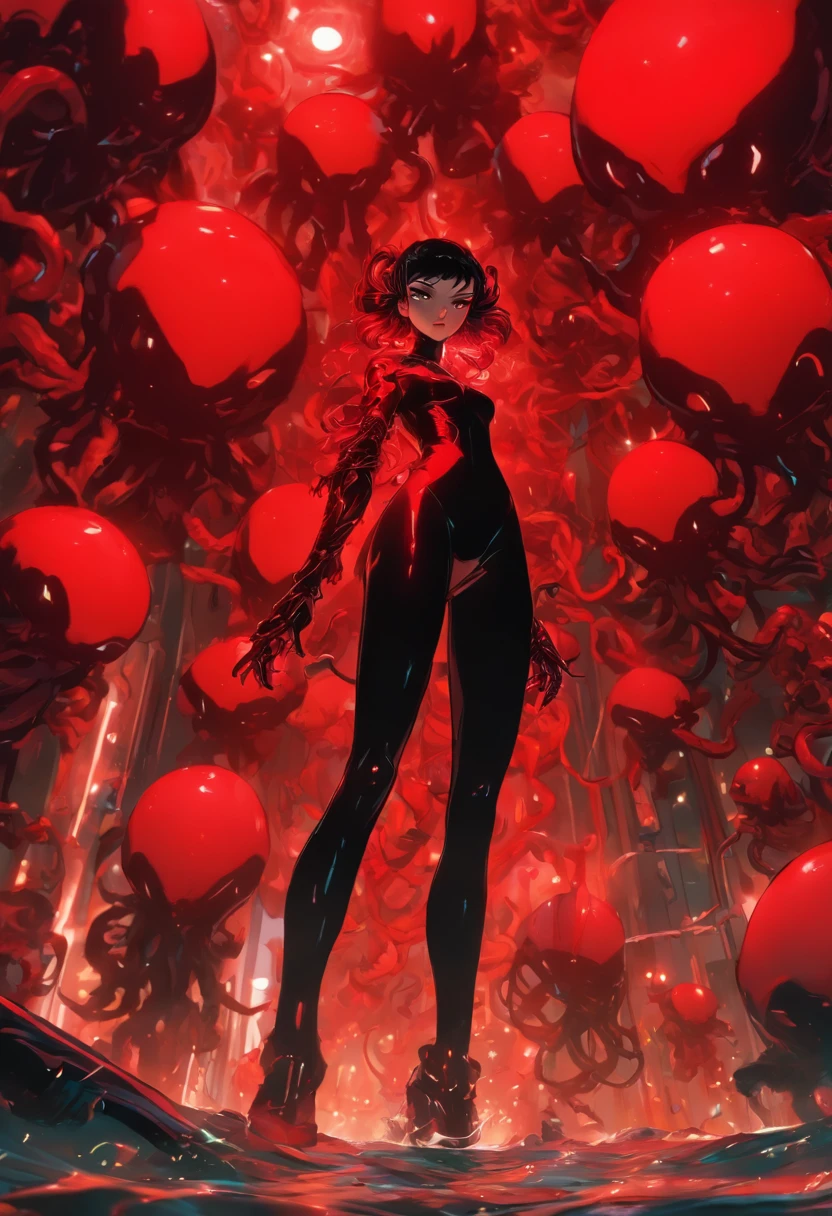 diabolical and evil aesthetic, high fashion campaign, android biomorphic catwoman, low angle, long shot surrounded by scary cyborgs a giant sinister and evil Octopus, big eggs and mirrors, avant garde futuristic inspired, dark dramatic horror atmosphere, lovecraftian horror, tubes and cables in the backround, shes standing in a pool of red goo, incredibly detailed, sharpen details, cinematography, photorealistic, modern composition, Unreal Engine, Cinematic, Color Grading, portrait photography, Ultra - Wide Angle, Depth of Field, hyper - detailed, beautifully coloured, insane detail, intricate detail, beautifully coloured, Cinematic, Colour Grading, Editorial Photography, Photography, Photo Shoot, Depth of Field, DOF, Tilt Blur, White Balance, Super Resolution, Megapixel, ProPhoto RGB, VR, Half Moon Lighting, Backlighting, Natural Lighting, Incandescent, Fiber Optic, Mood Lighting