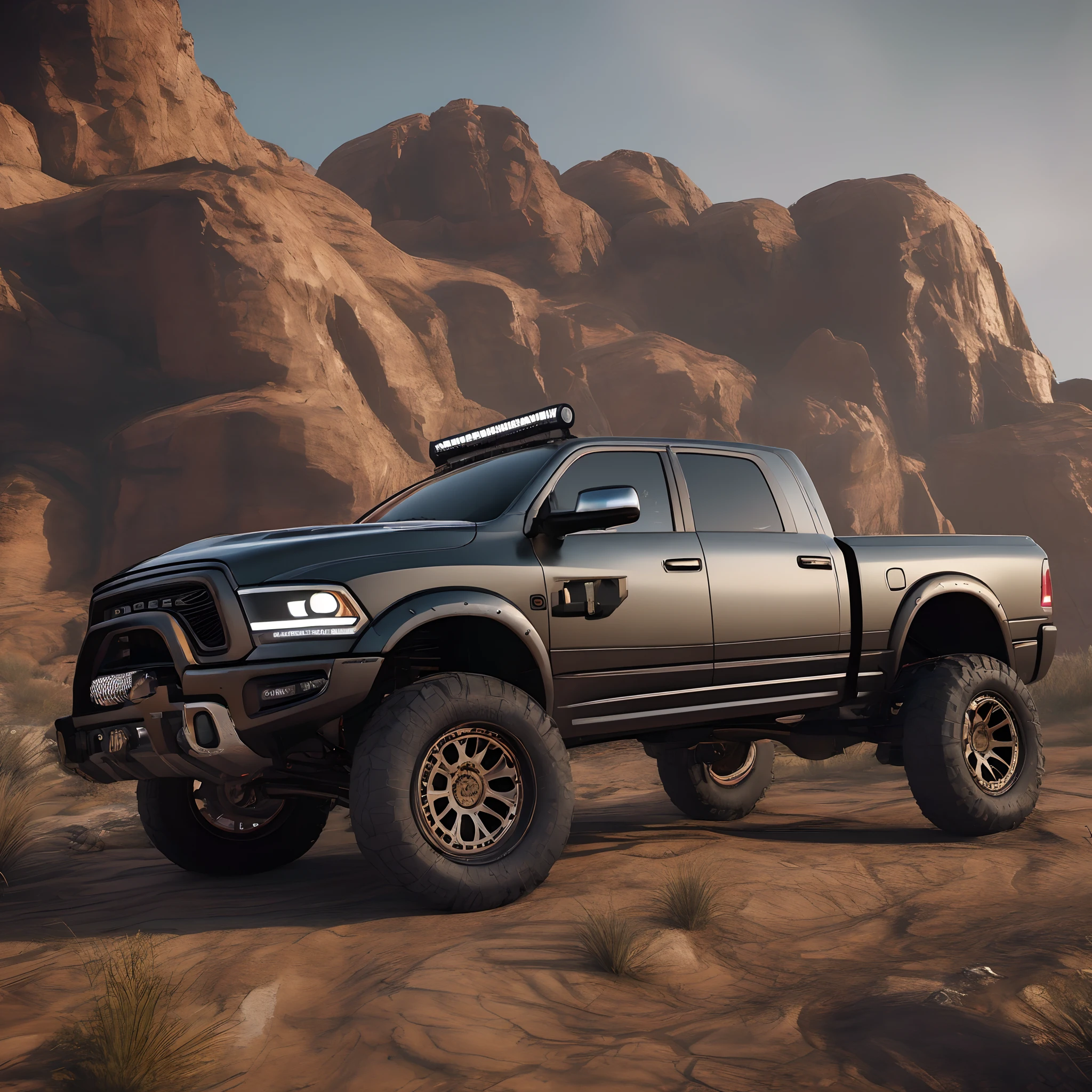 ((A photo realistic picture of)) Dodge Ram, lifted offroad overland modification, ((design by Kahn Design)) in hyper realistic 3D CGI Render style, outdoors, rugged terrain, steampunk look, ultra sharp focus, UHD, 8k, unreal engine, studio lighting, insanely detailed and intricate, hyper maximalist